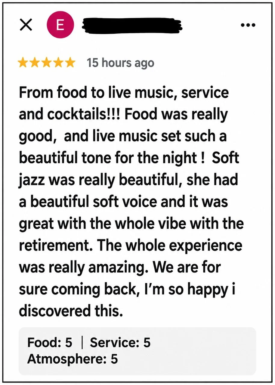 Customer review for a restaurant or bar, mentioning food, live music, service, cocktails, jazz, soft voice, and ambiance, rated five stars.