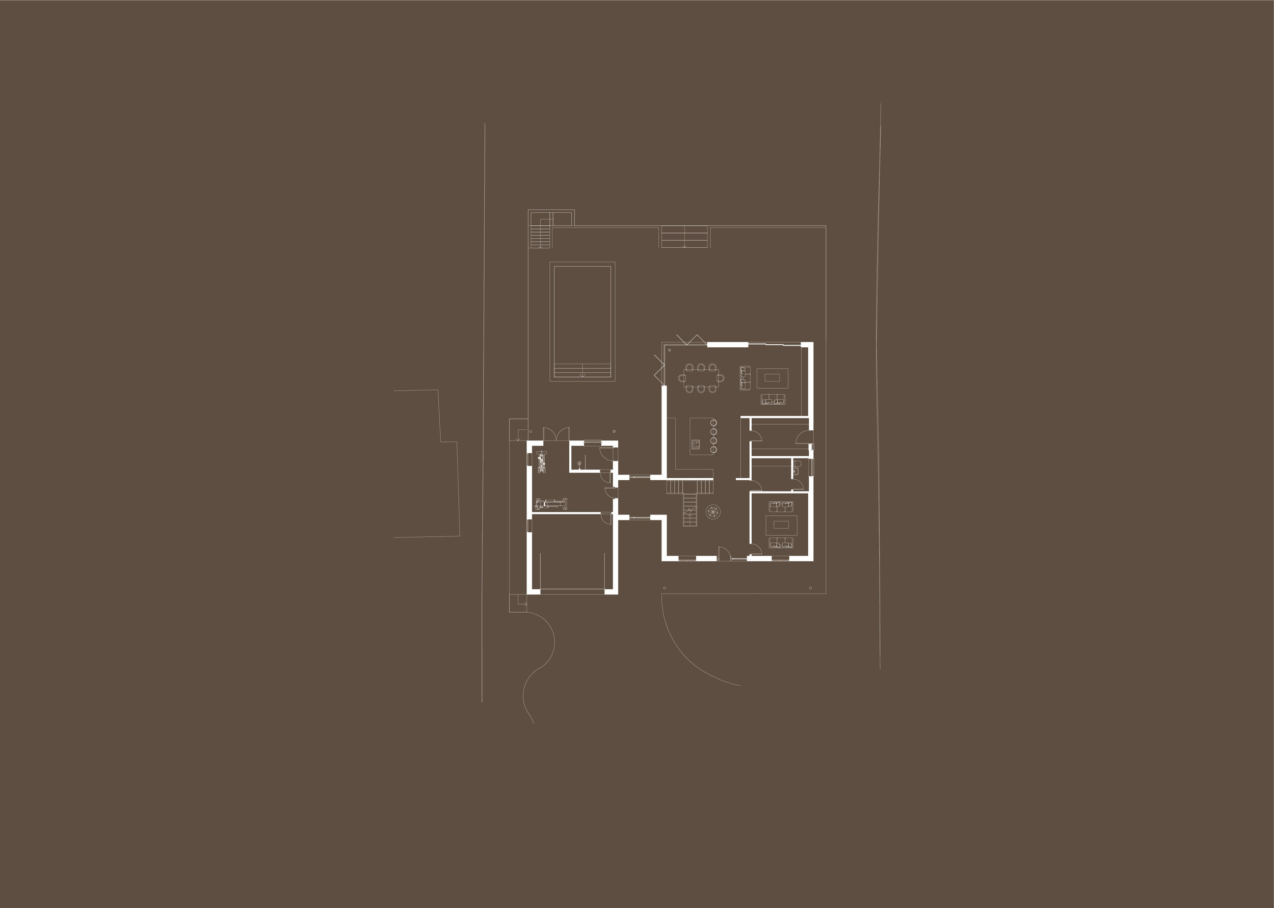 Floor plan of a house with multiple rooms, including a living room, dining area, kitchen, bedrooms, bathrooms, and outdoor patio with a pool.