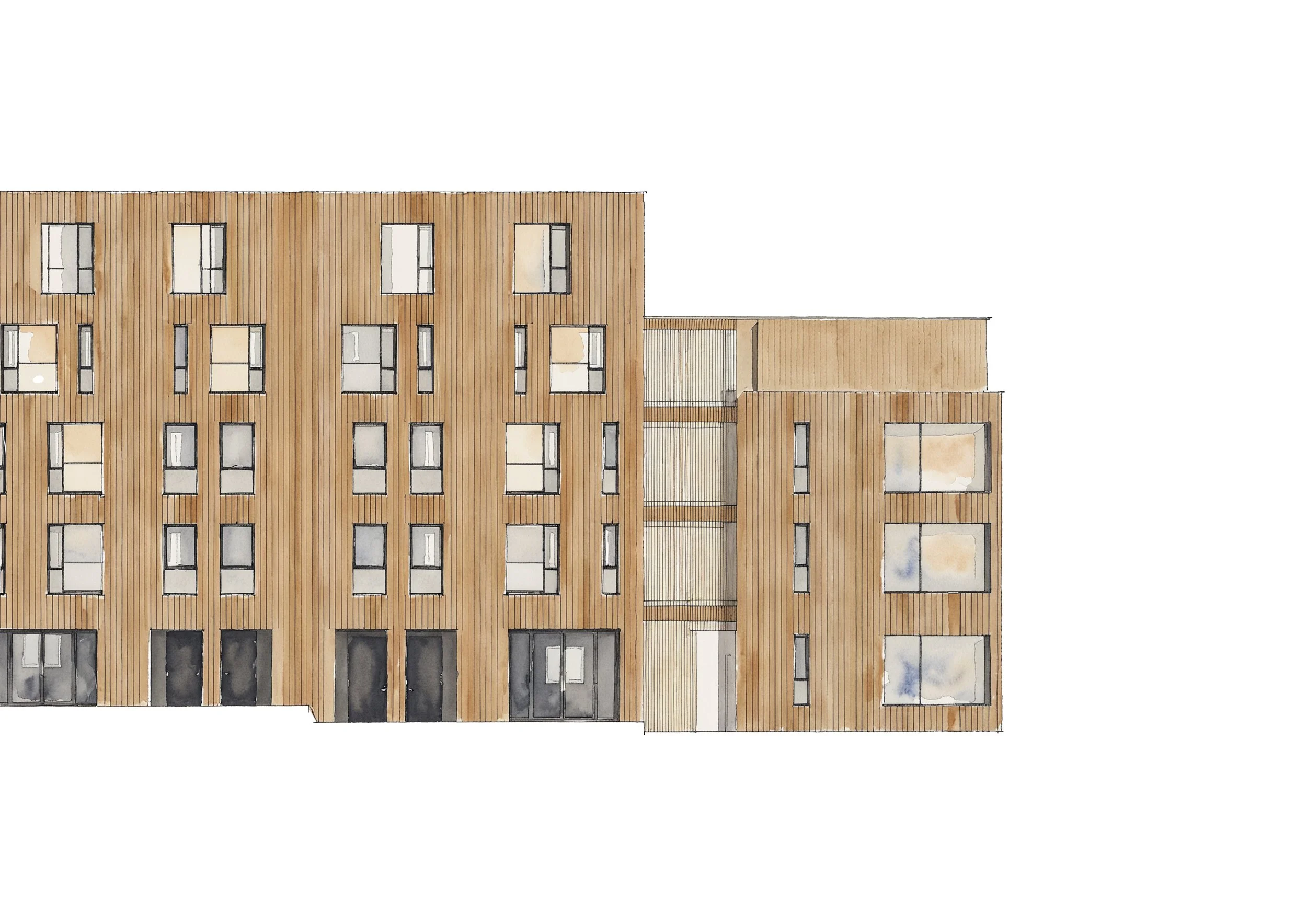 Watercolor illustration of a modern multi-story building with a wooden exterior, multiple windows, and a flat roof.