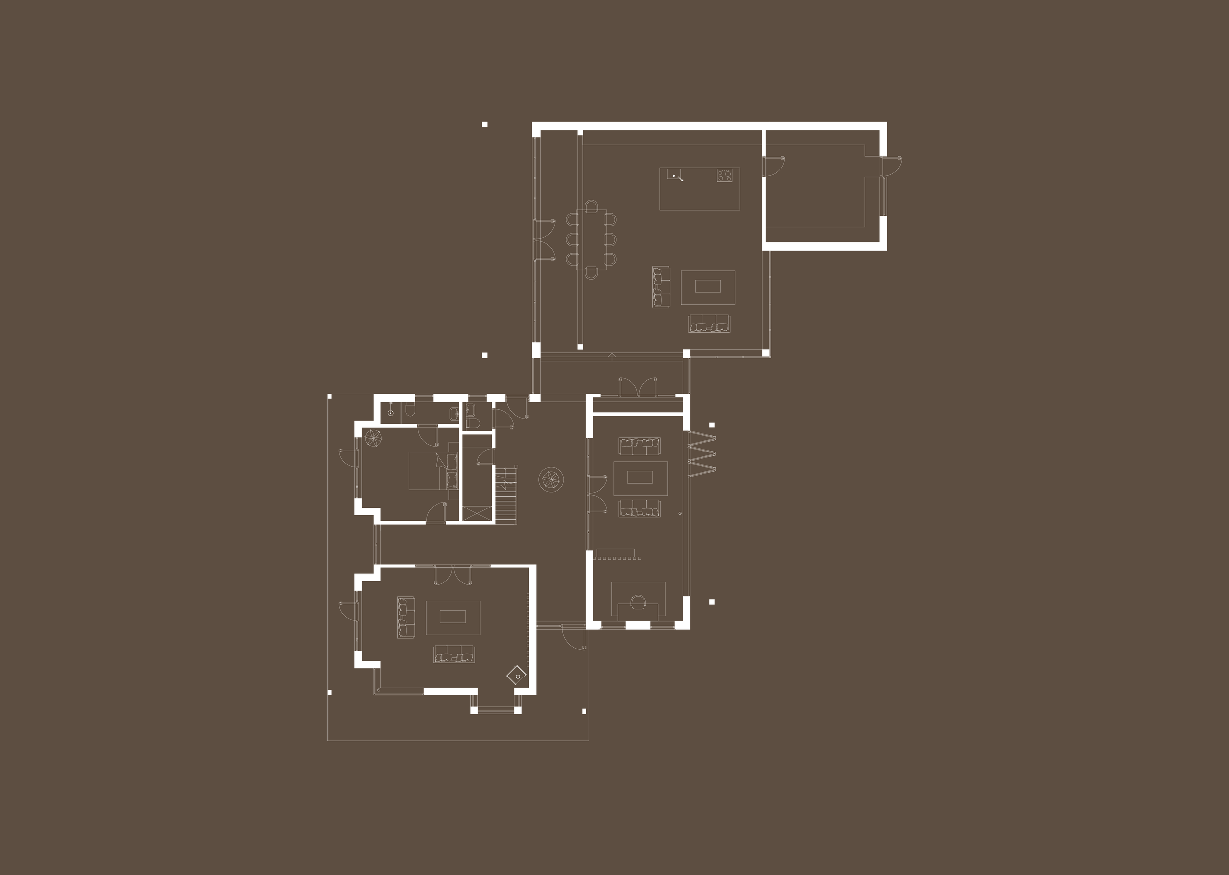 Floor plan of a house with multiple rooms including bedrooms, bathrooms, kitchen, living room, and garage, all outlined in white on a brown background.