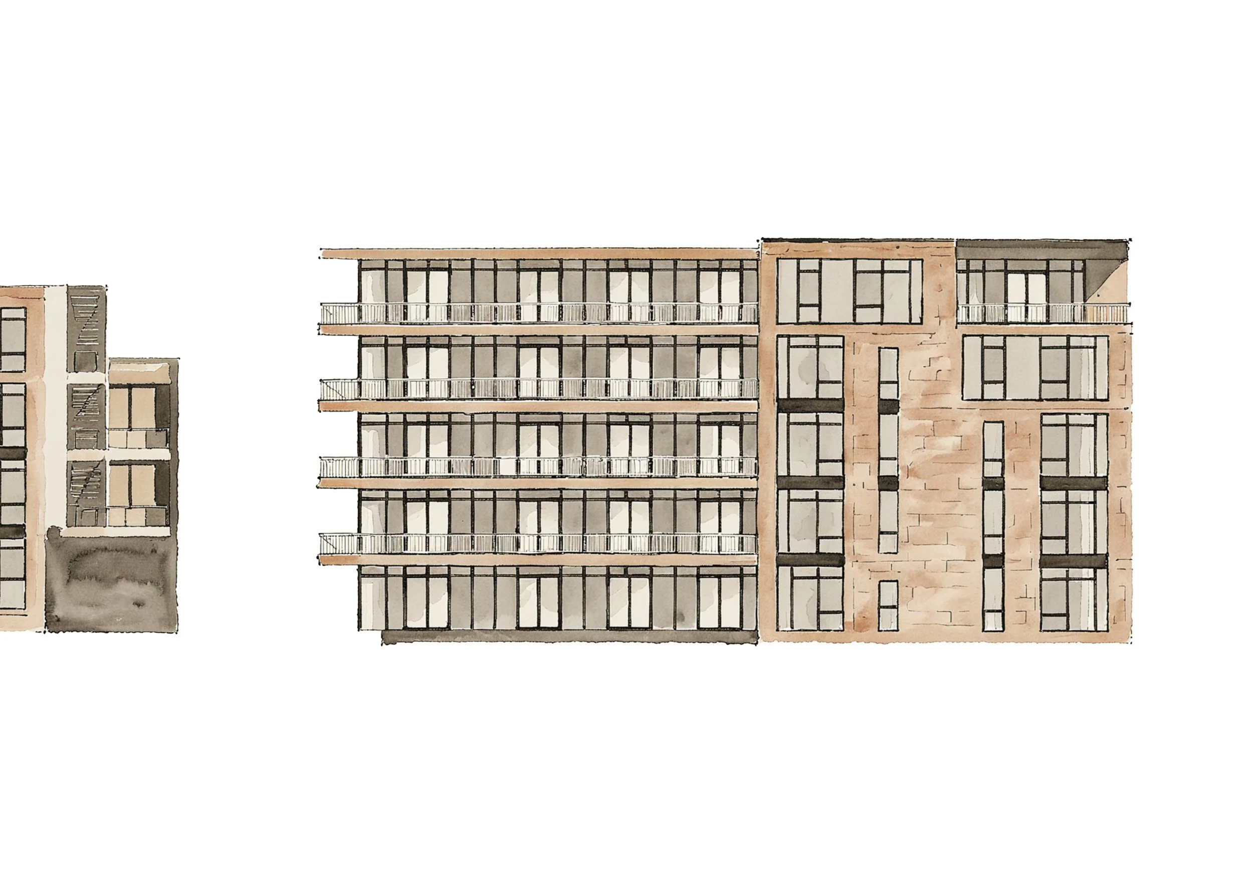 Watercolor illustration of modern multi-story apartment buildings with large windows and balconies.