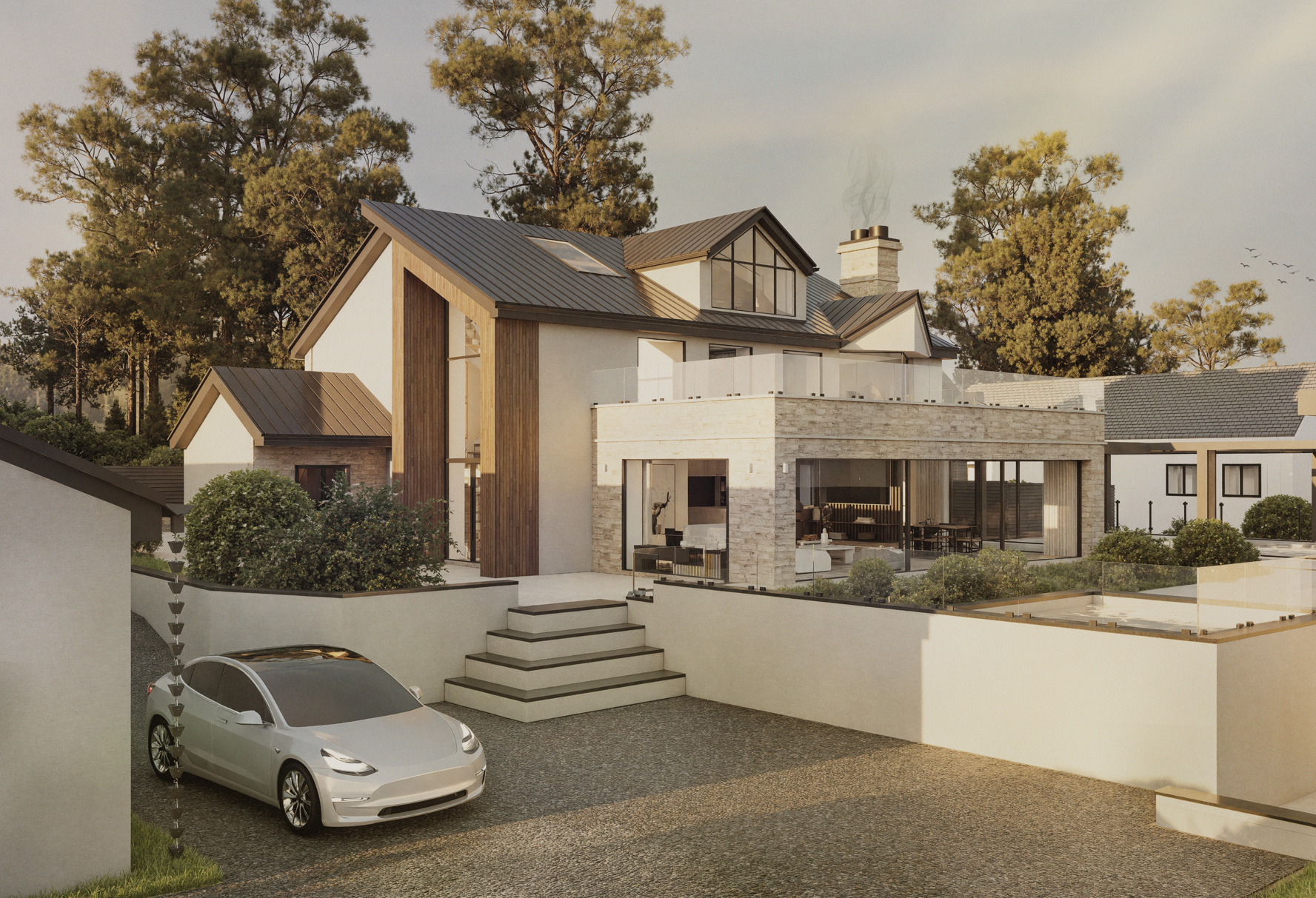 Modern multi-story house with a combination of white, wood, and stone exterior, large windows, and a metal roof. A driveway with a parked silver car is in front, with stairs leading up to the entrance. The house is surrounded by trees and neighboring homes.
