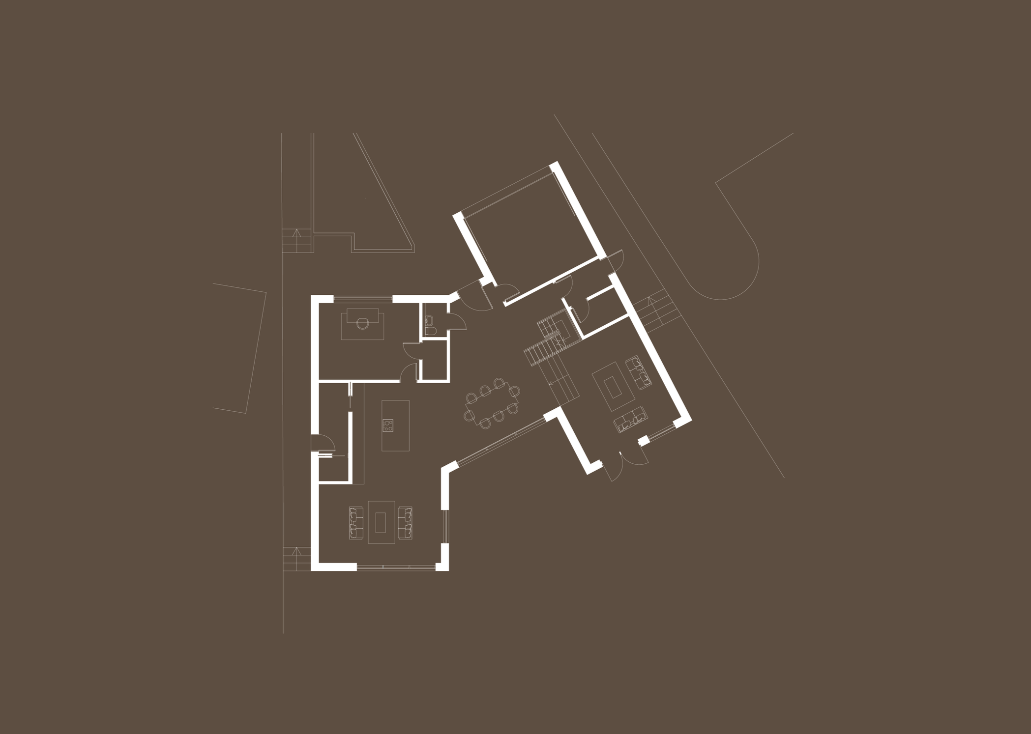 Architectural floor plan of a house with various rooms including a living room, dining area, kitchen, bedrooms, and bathrooms, with a brown background and white lines.