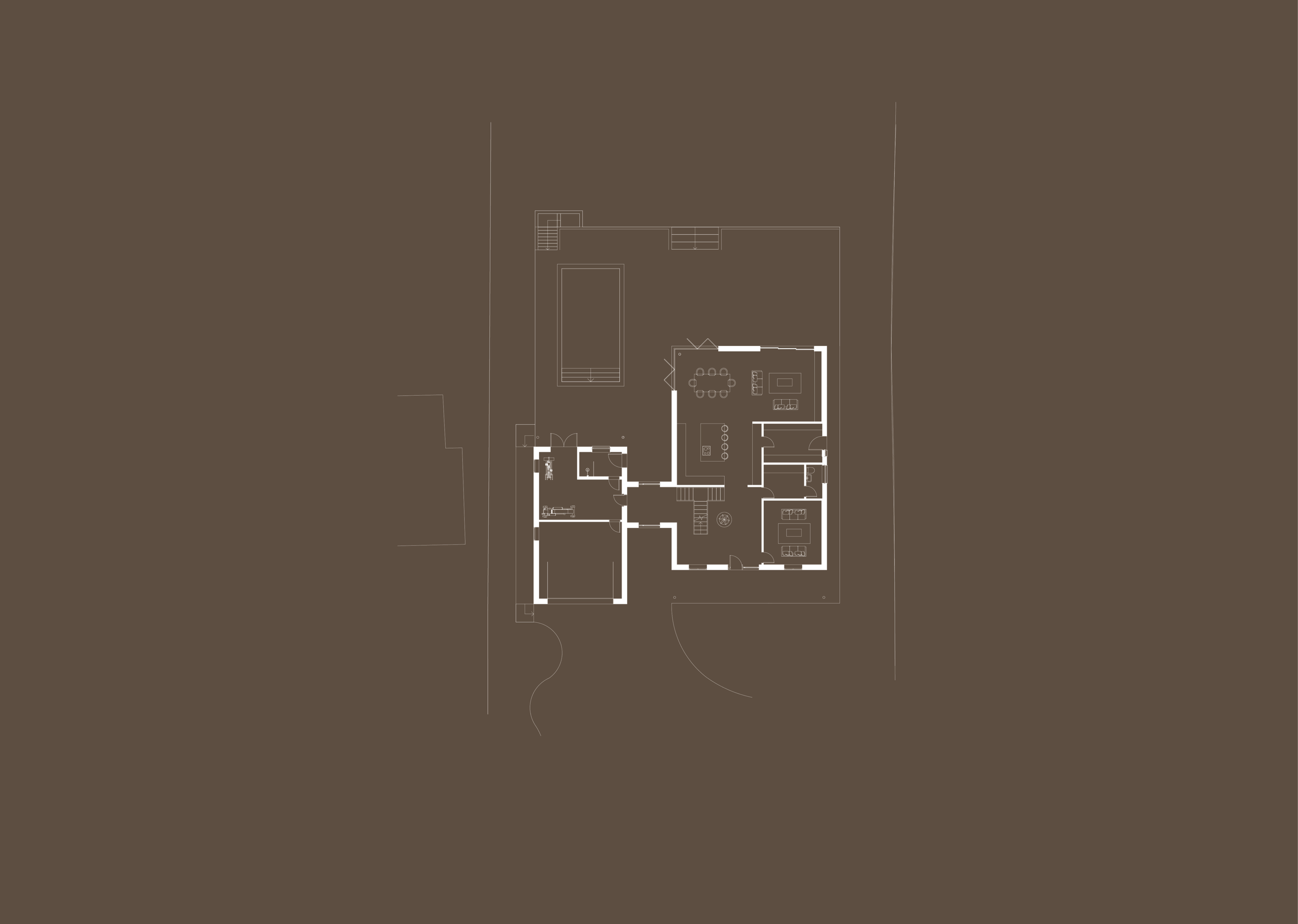 Architectural floor plan of a house featuring multiple rooms, including a living room, kitchen, bedrooms, bathrooms, a staircase, and an outdoor swimming pool.