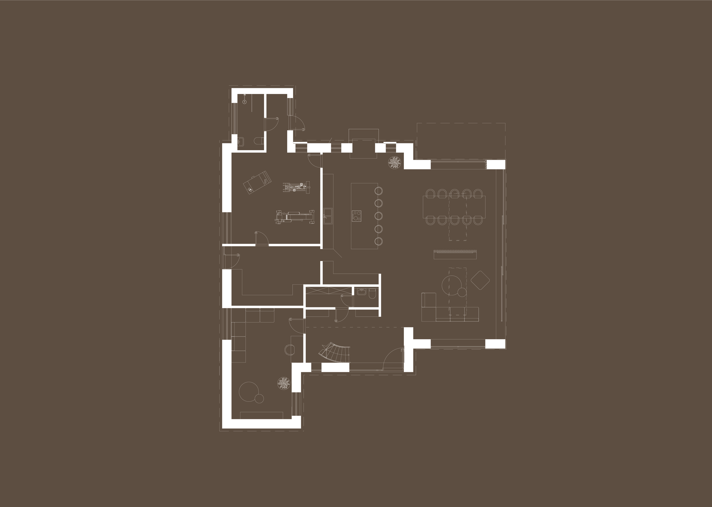 Floor plan of a house with various rooms including living area, dining room, kitchen, bedrooms, bathrooms, and office or playroom, all outlined in white on a brown background.