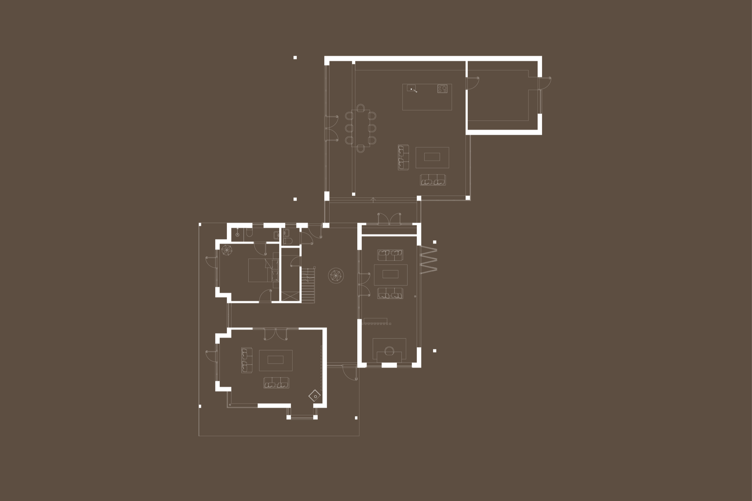 Floor plan of a house with multiple rooms including bedrooms, bathrooms, kitchen, living areas, and an outdoor patio.