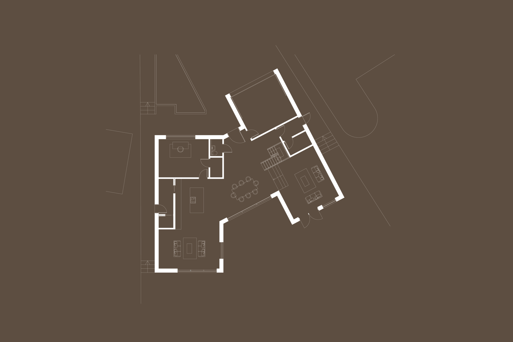 Architectural floor plan of a house with various rooms, including a living area, dining space, kitchen, bedrooms, and bathrooms, on a brown background.