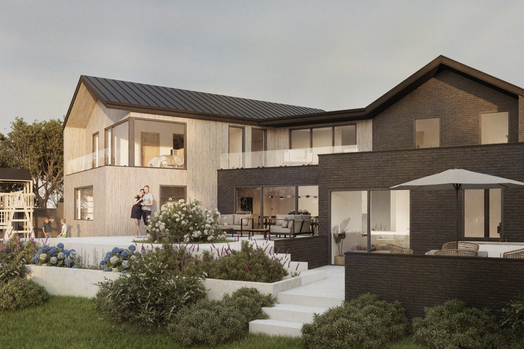 Modern two-story house with black and beige exterior, large windows, outdoor seating area with umbrella, and landscaped garden with flowers and bushes.