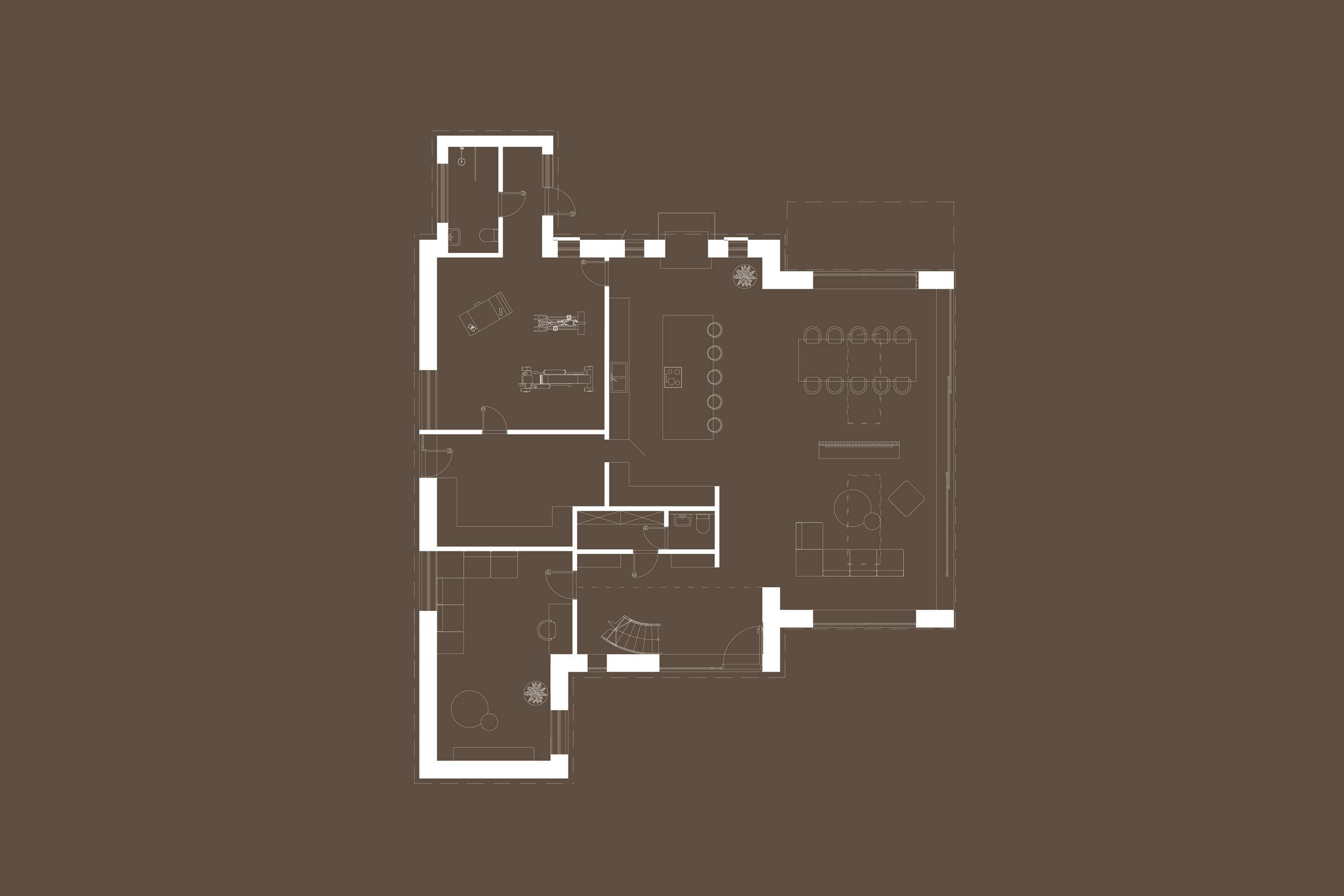 Floor plan of a house with various rooms including living room, dining area, kitchen, bedrooms, bathrooms, and garage.