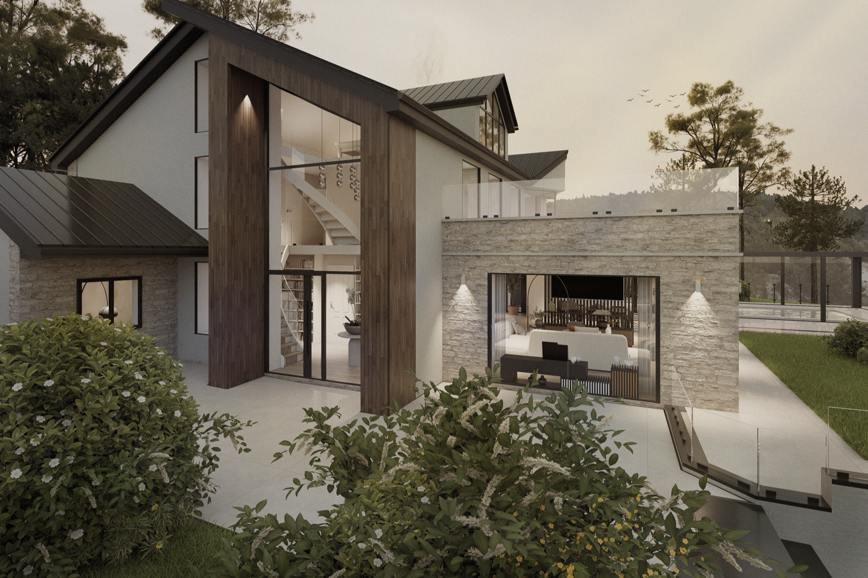 Modern two-story house with stone and wood siding, large glass windows, and a sloped roof, surrounded by greenery and trees.