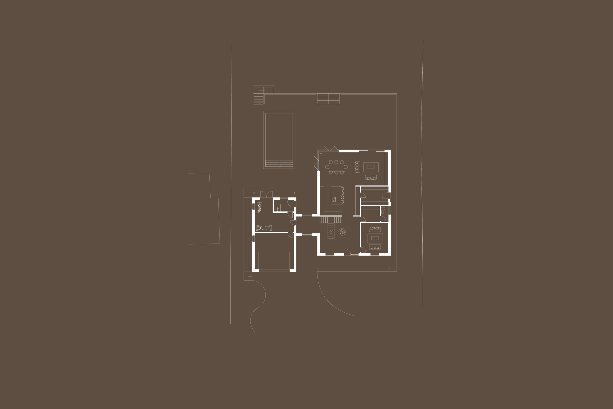 Floor plan of a house with various rooms, including living room, bedrooms, kitchen, bathrooms, and a swimming pool outside.