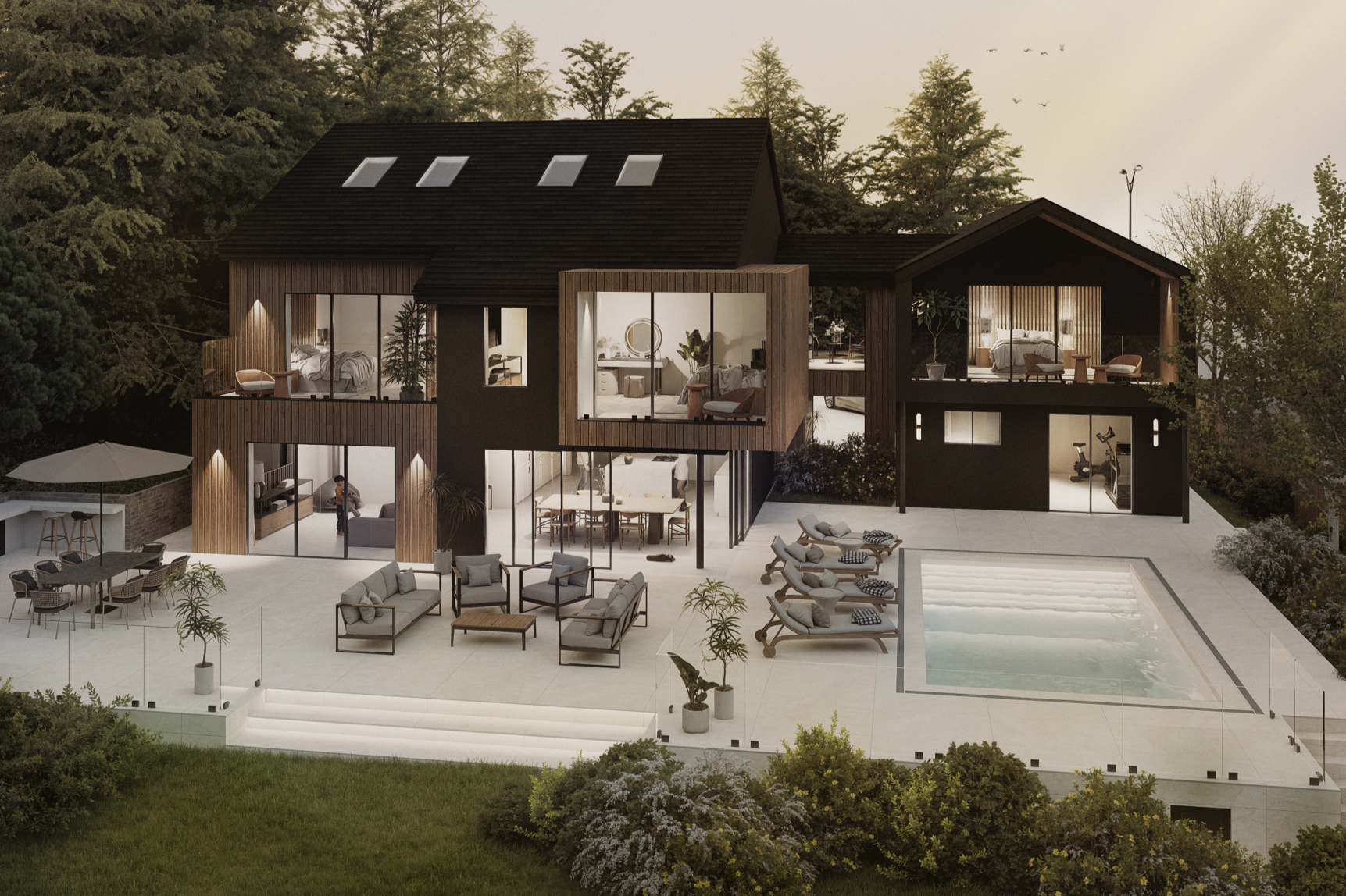 A modern multi-story house with large glass windows and a spacious outdoor patio area with lounge chairs, potted plants, a dining table, and a swimming pool, surrounded by lush greenery and trees.