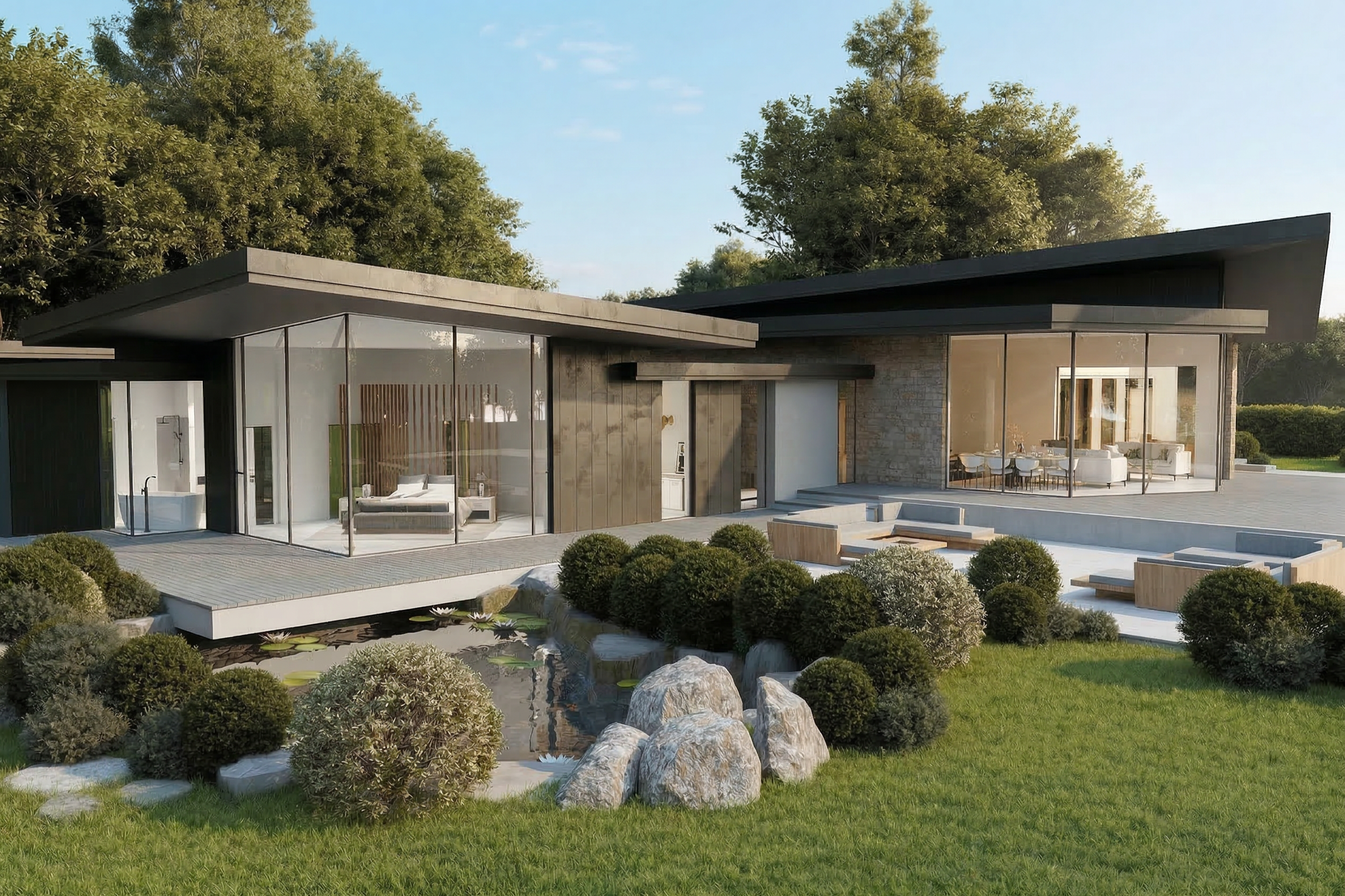 A modern house with multiple black metal roofs, large glass windows, and an outdoor living area including a pool, lounge chairs, and various seating areas surrounded by greenery and landscaping. The Grange — contemporary single-storey new build on ag