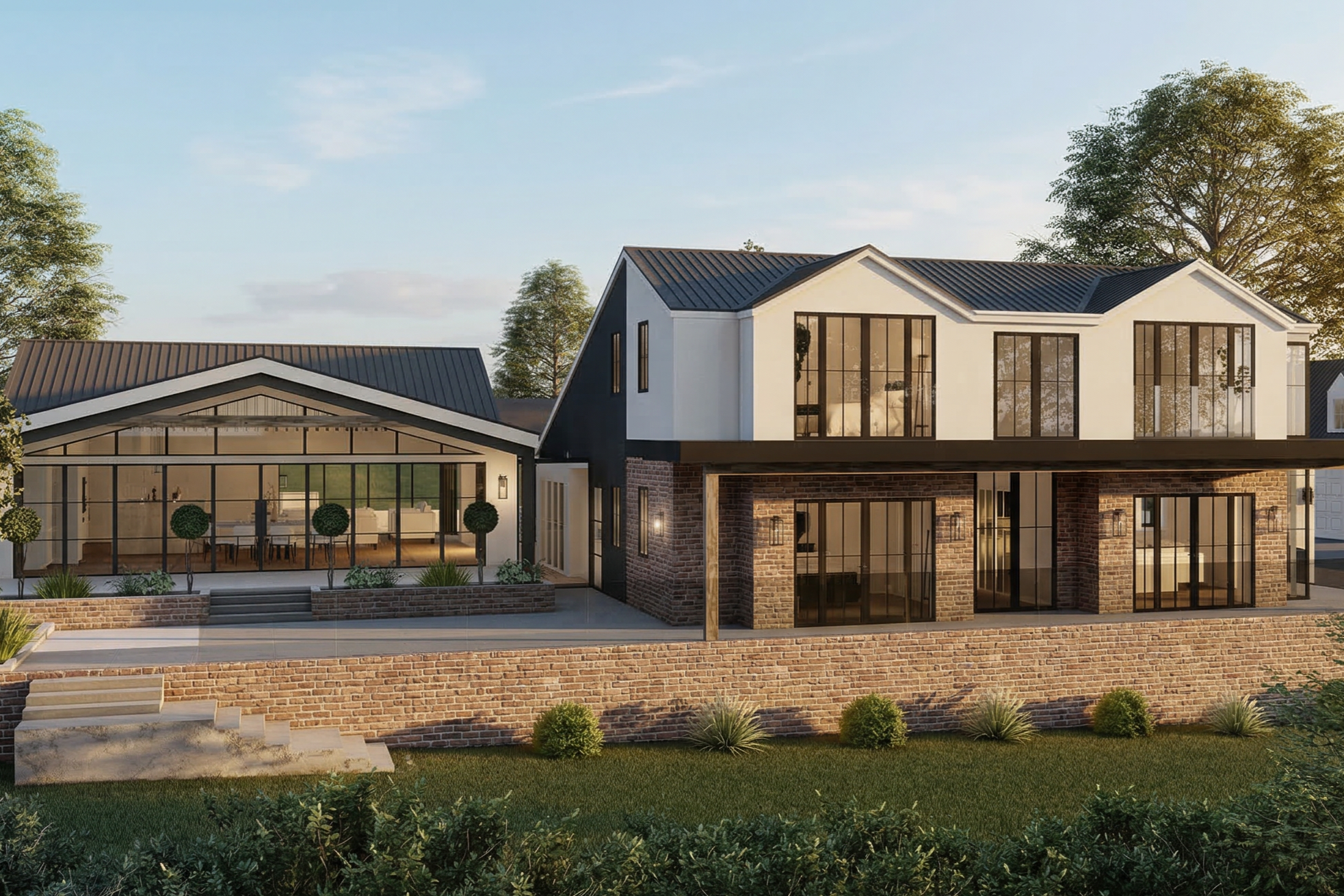 Contemporary coastal bungalow extension and first-floor addition, The Pippins, Portishead, Bristol, Modern house with large glass doors and windows, outdoor patio with seating, surrounded by green grass and trees in the background.