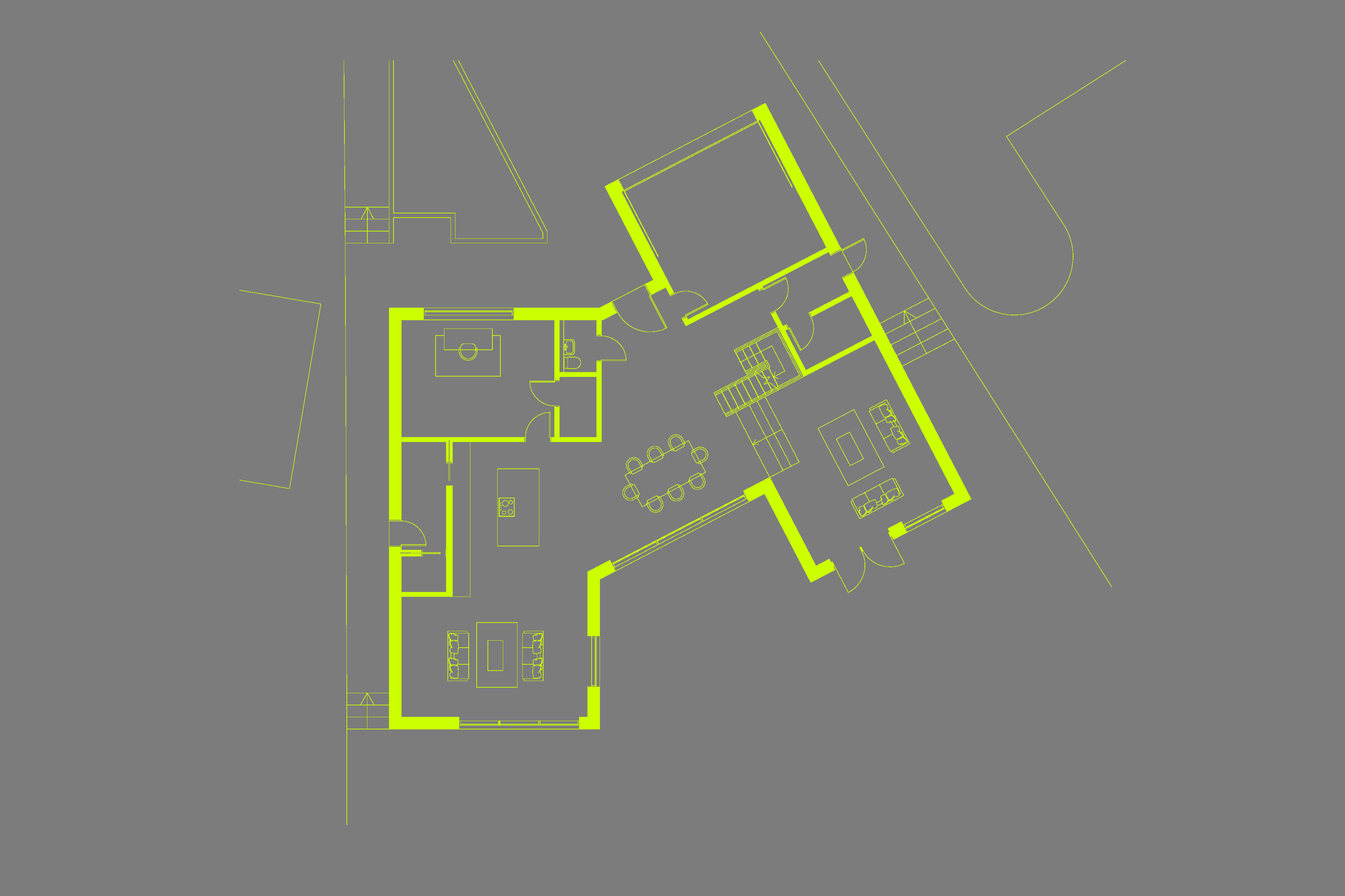 Ground floor plan of Wraxhill Road replacement dwelling, triangular plot design, Yeovil