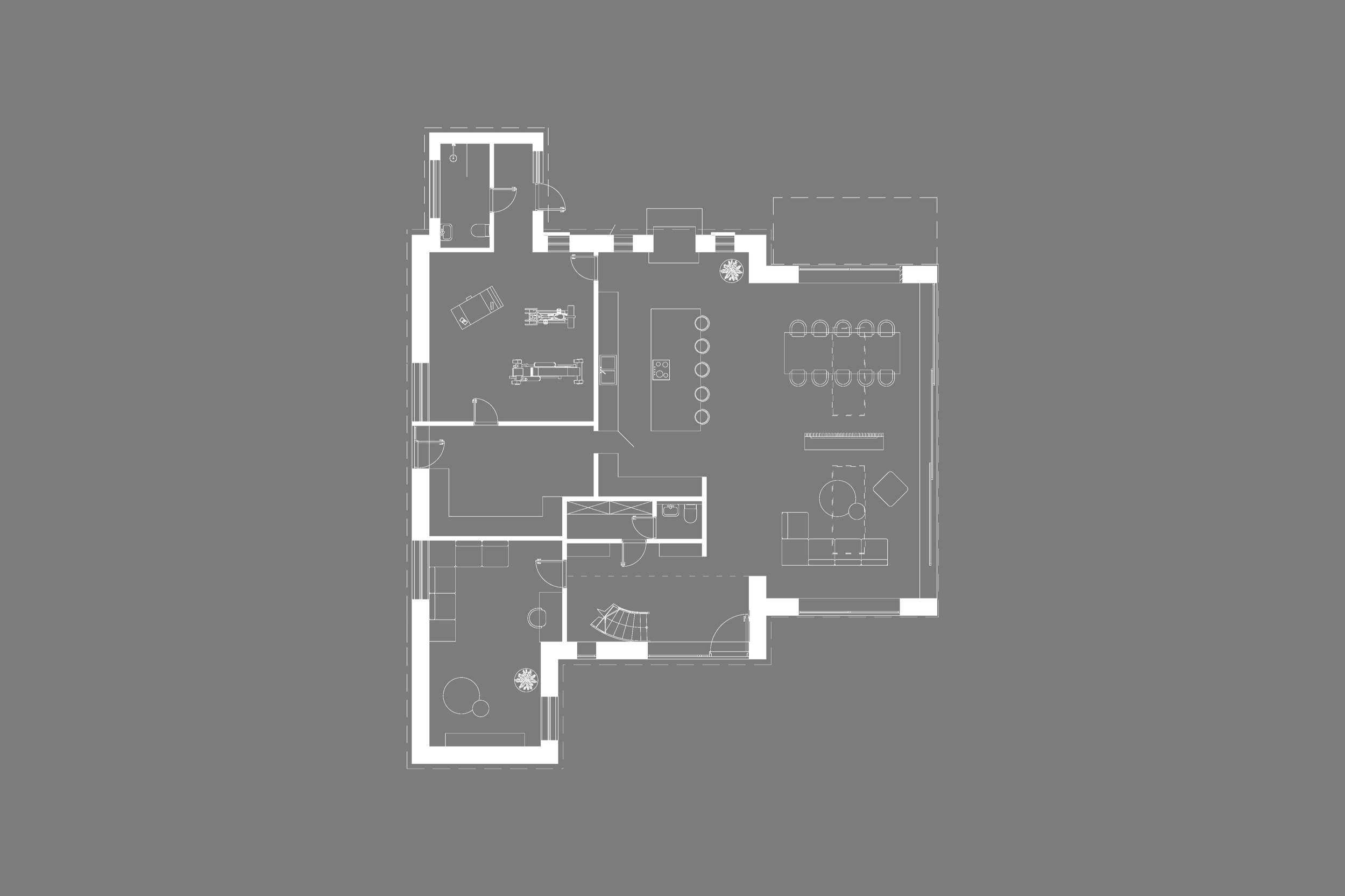 Floor plan layout of a house with various rooms including a bathroom, kitchen, and living areas, with furniture and fixtures indicated.