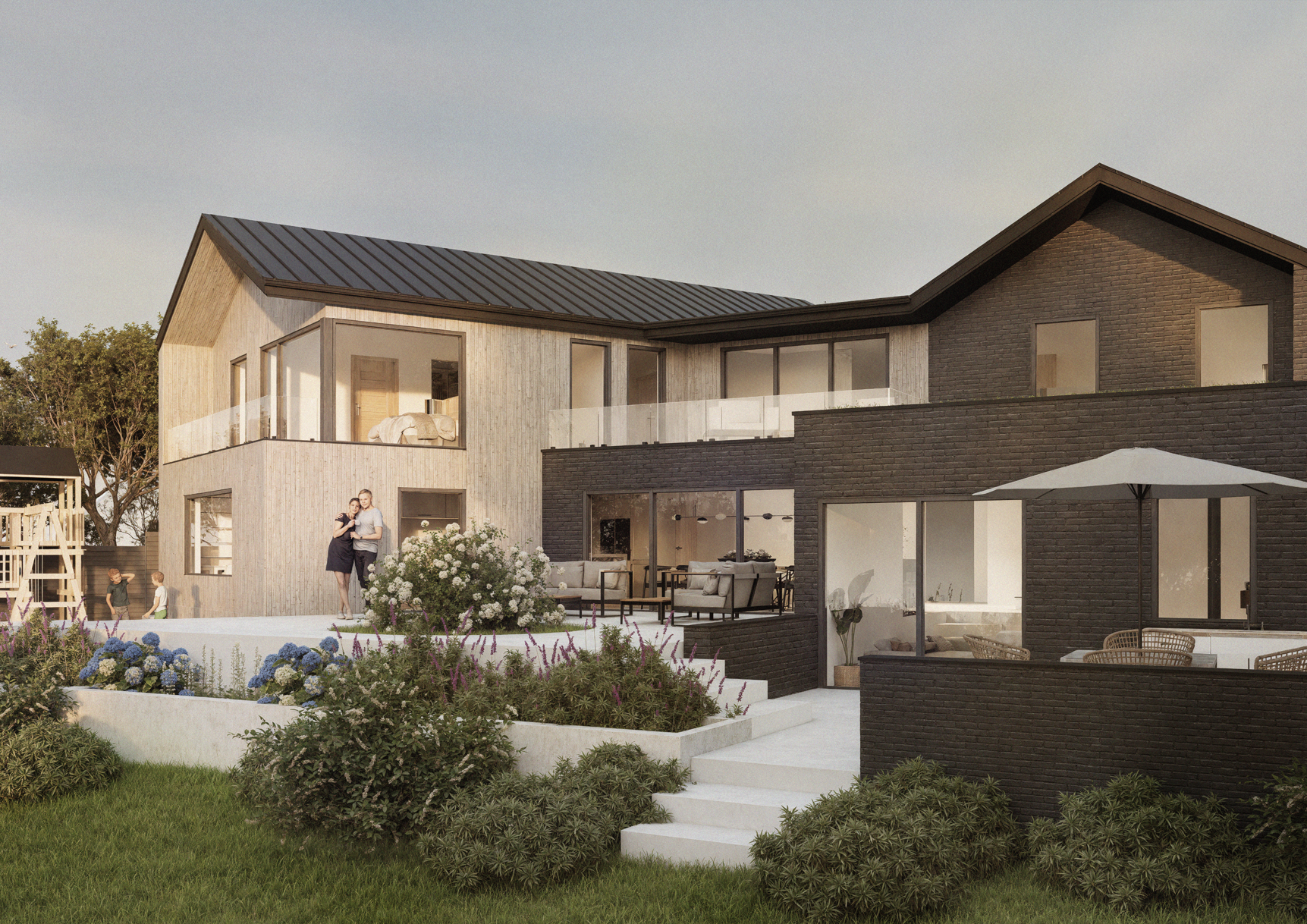 Modern multi-story house with black brick walls and light wooden exterior, surrounded by greenery and garden flowers, with outdoor seating and a patio umbrella.