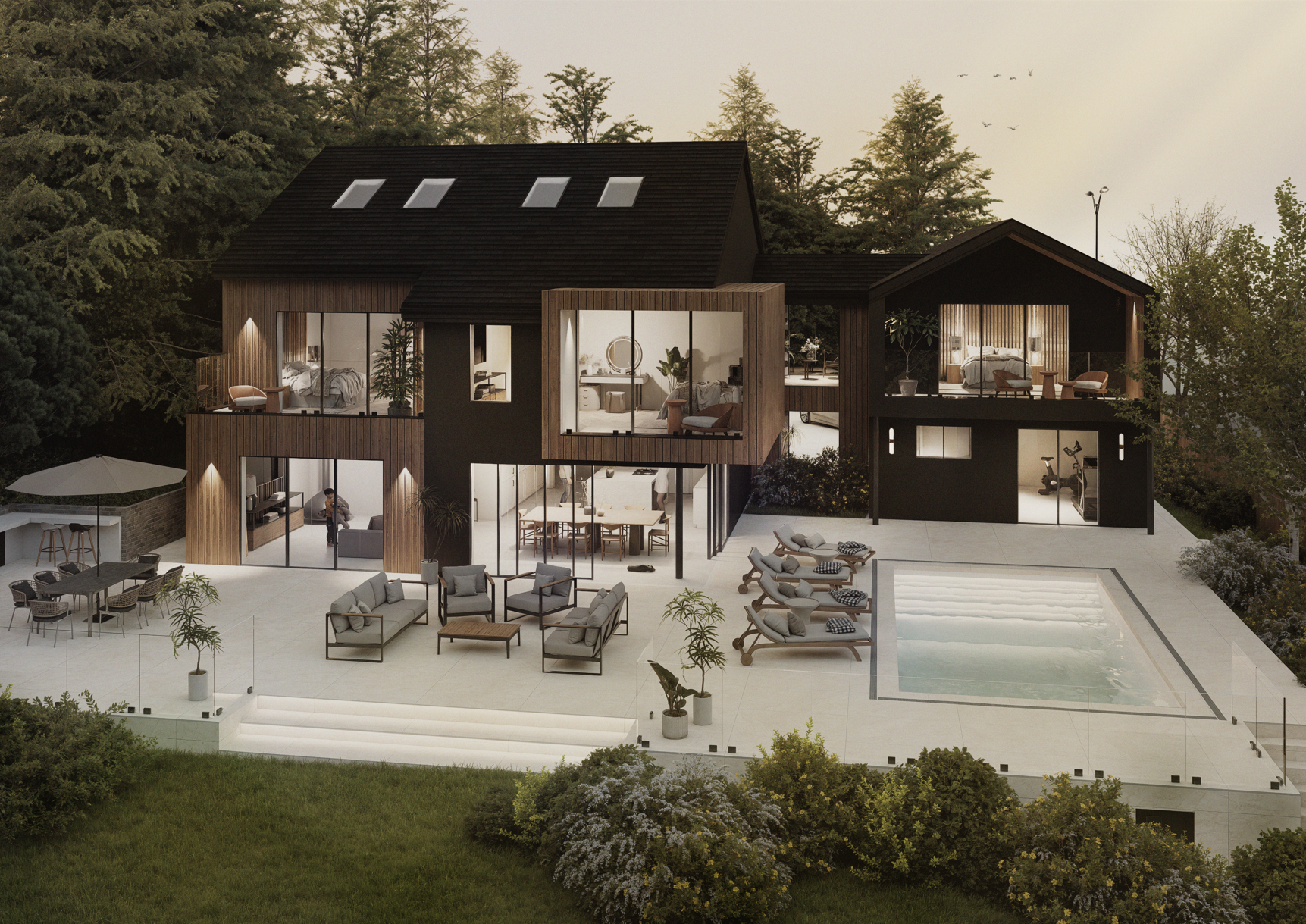 Modern two-story house with large glass windows, outdoor patio, swimming pool, lounge chairs, and surrounded by greenery.