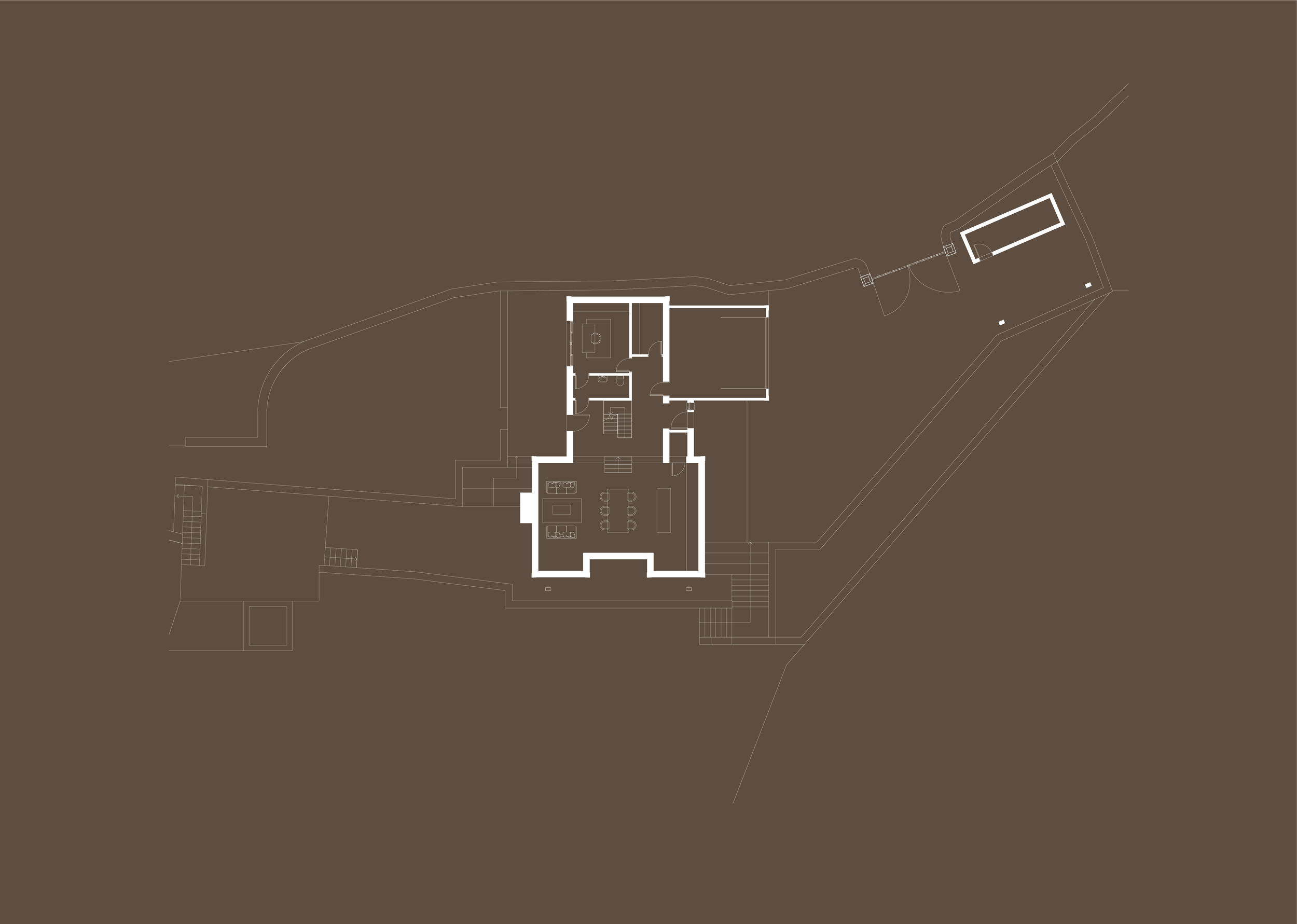 Architectural floor plan of a house on a brown background, showing interior rooms, stairs, and surrounding landscape features.