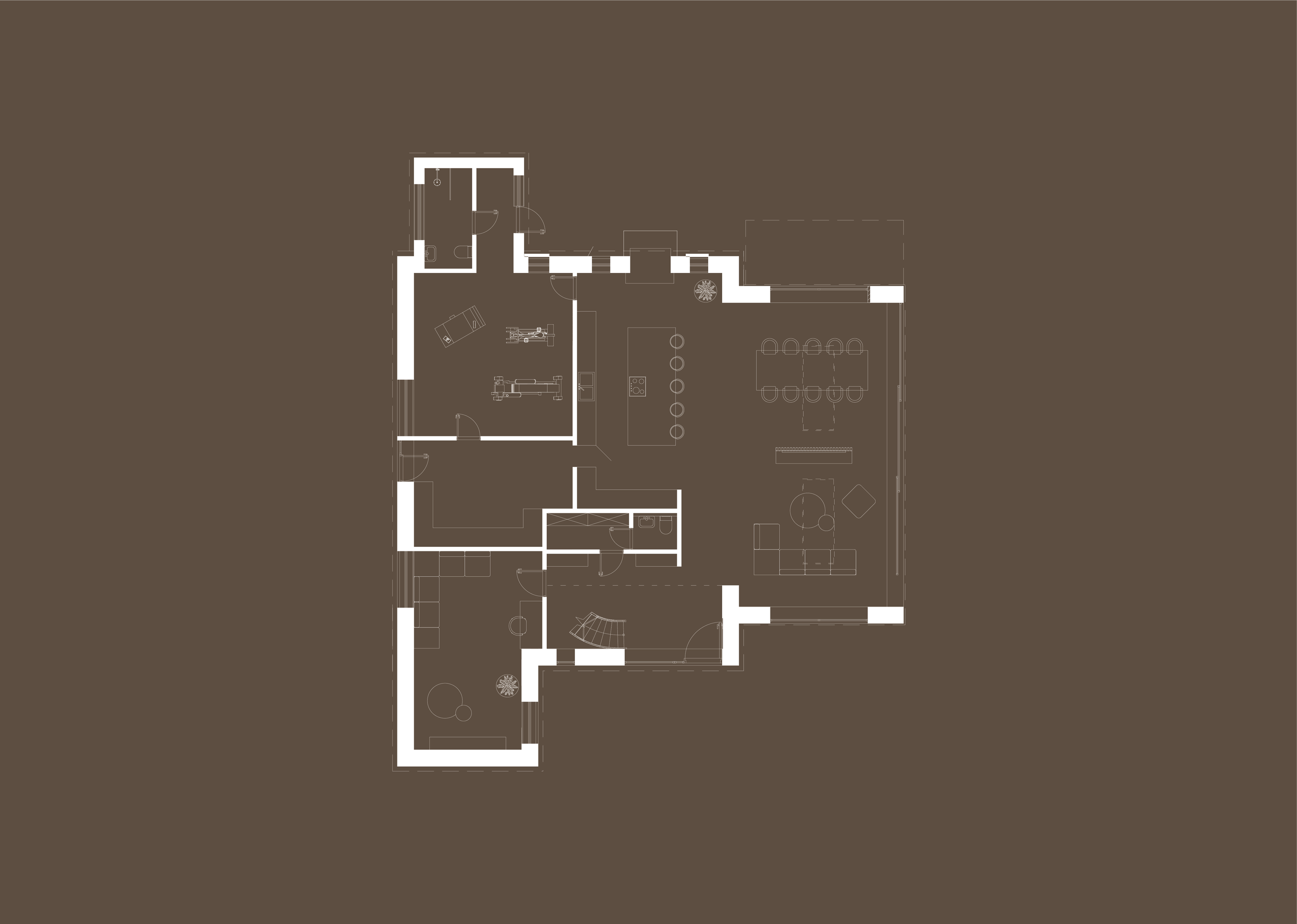 Floor plan of a house with multiple rooms including a garage, bathroom, bedrooms, kitchen, dining, and living areas.