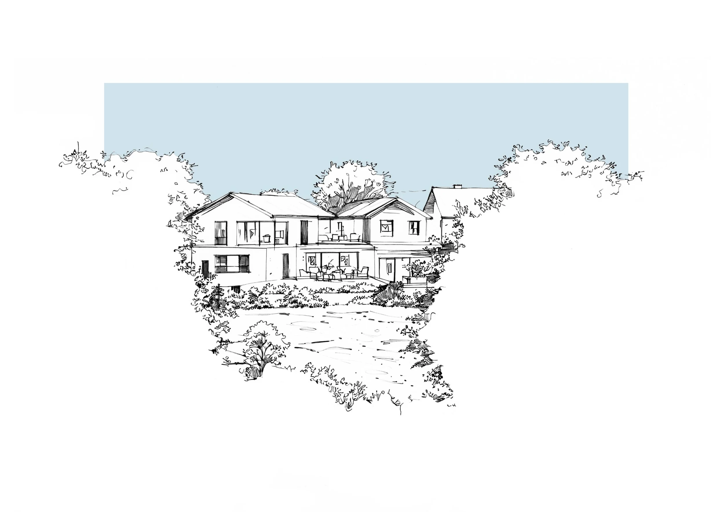 Line drawing of a house with trees and a yard, with a blue sky background.