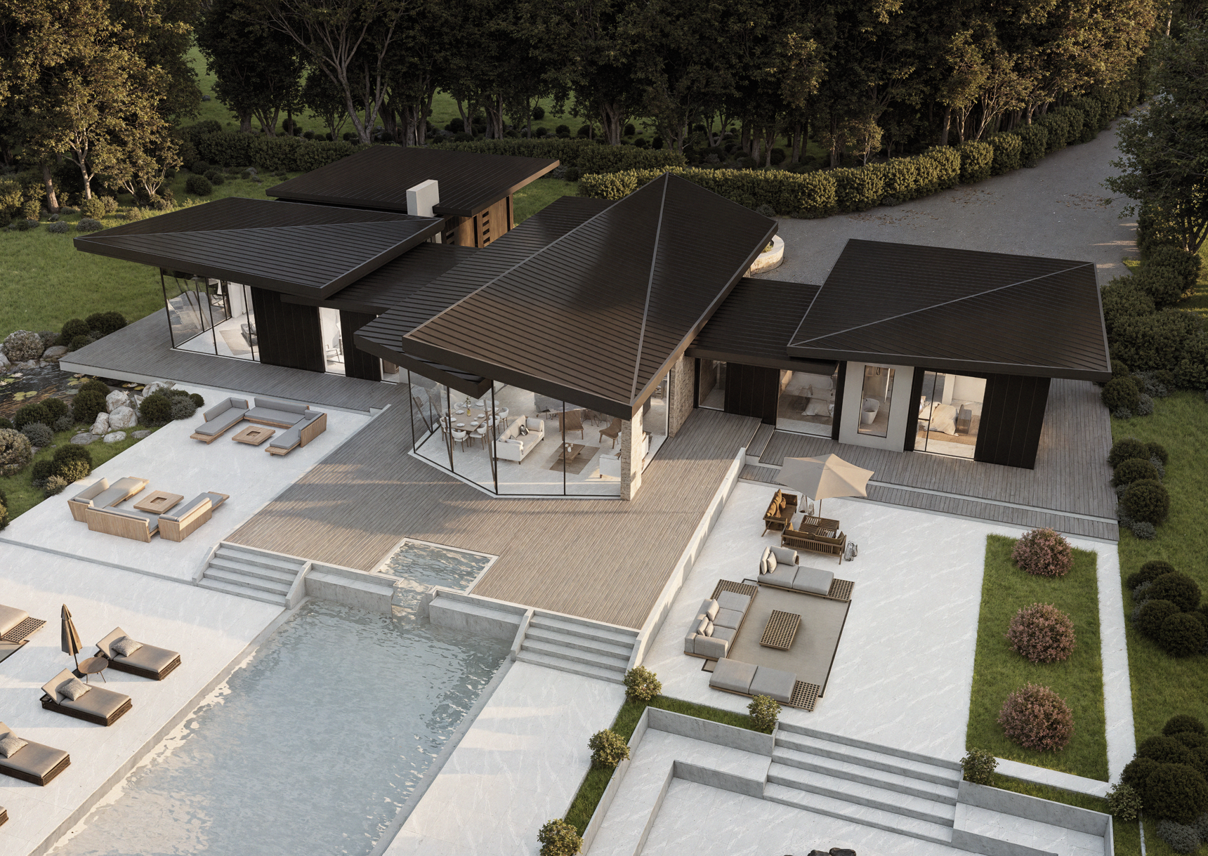 A modern house with a unique angular black roof, large glass windows, outdoor lounging areas, a swimming pool, and landscaped greenery surrounding it.