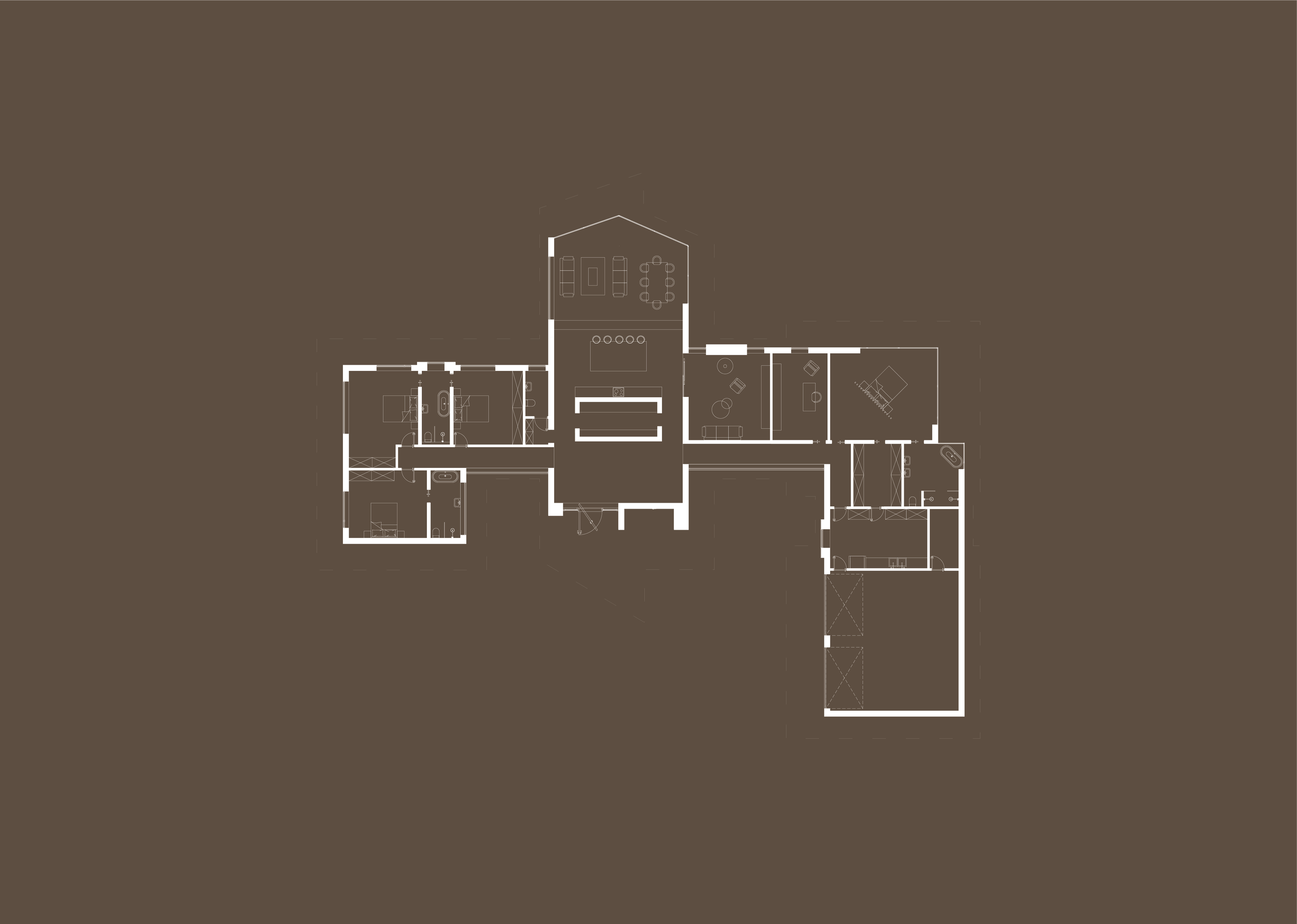 Floor plan of a house with multiple rooms including bedrooms, bathrooms, kitchen, living room, and garage, all outlined in white on a brown background.