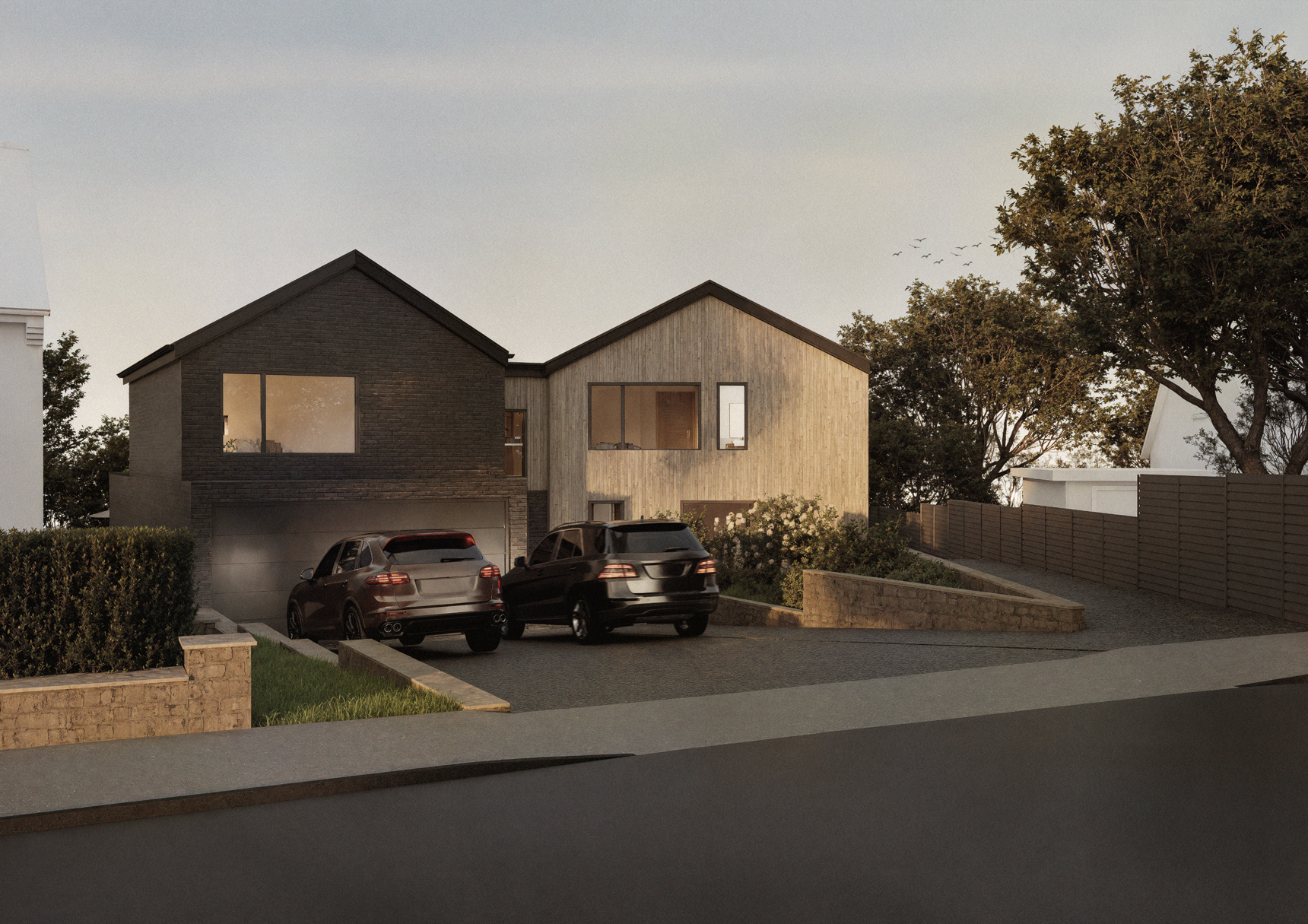 Modern two-story house with black and wooden exterior, two cars parked in driveway, surrounding trees and garden.