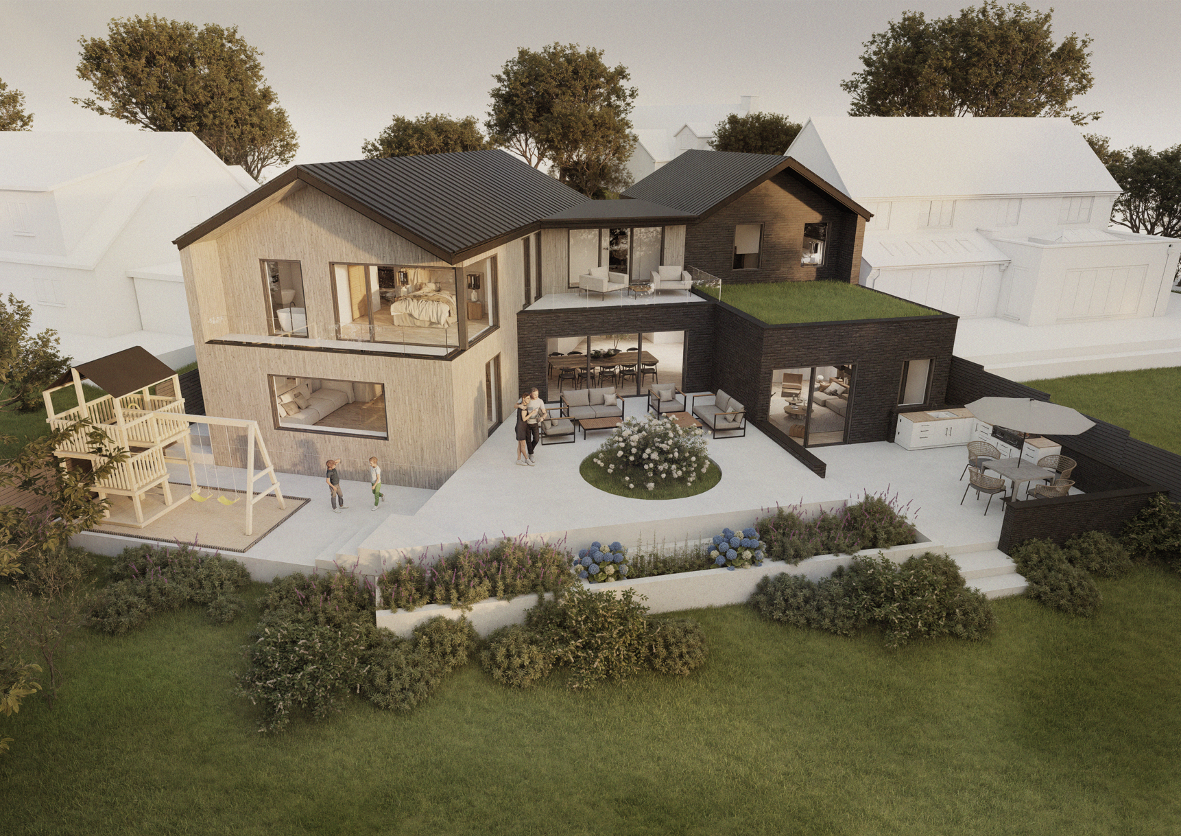 A modern multi-level house with outdoor seating, a small garden, a deck with a swing set, and children playing outside. The house features large windows, a rooftop garden, and outdoor dining areas, surrounded by a well-maintained lawn and trees.