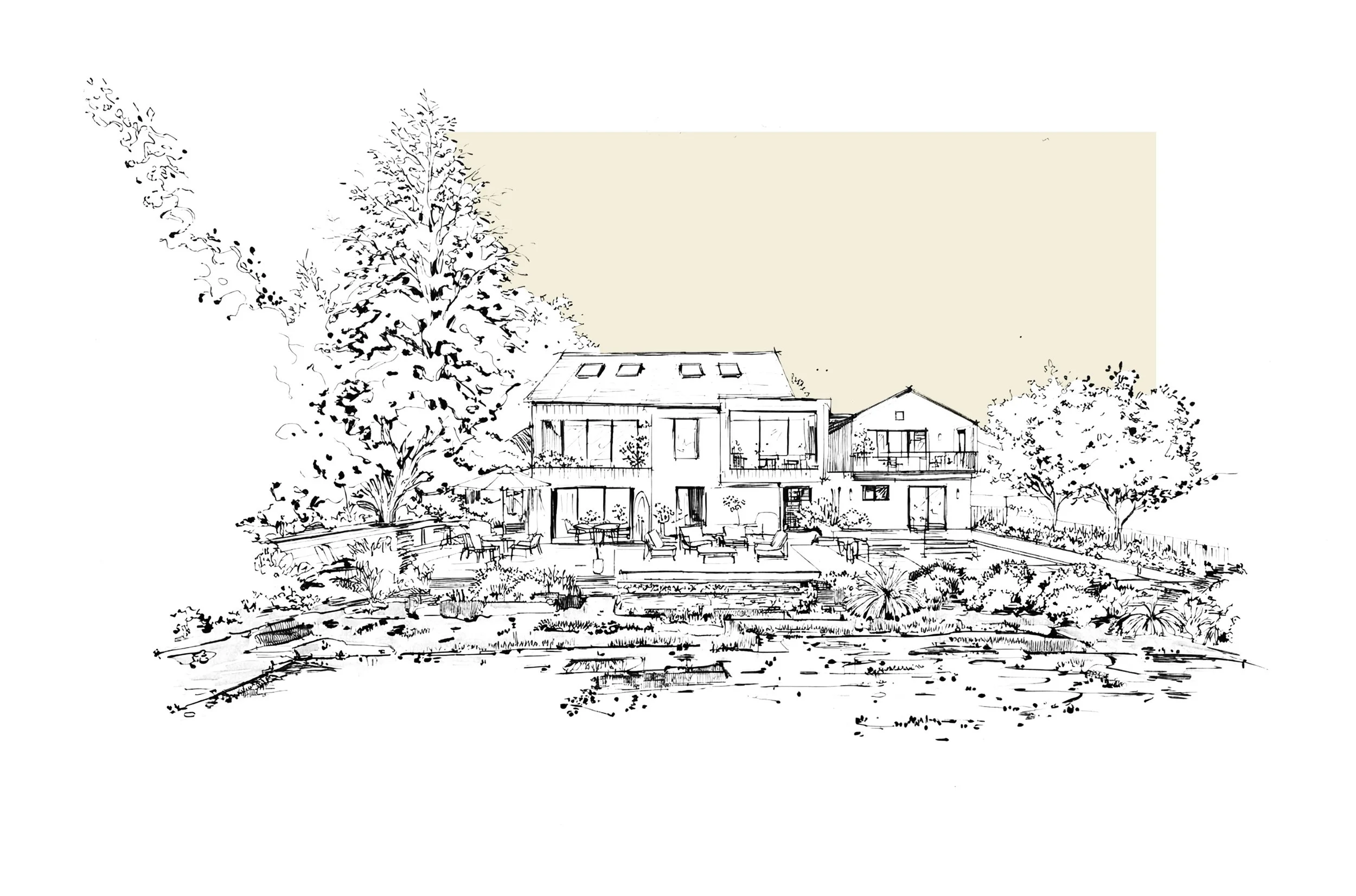 A landscape featuring mountains with snow on the peaks, green and brown hills in the foreground, and a modern building situated on one of the hills.