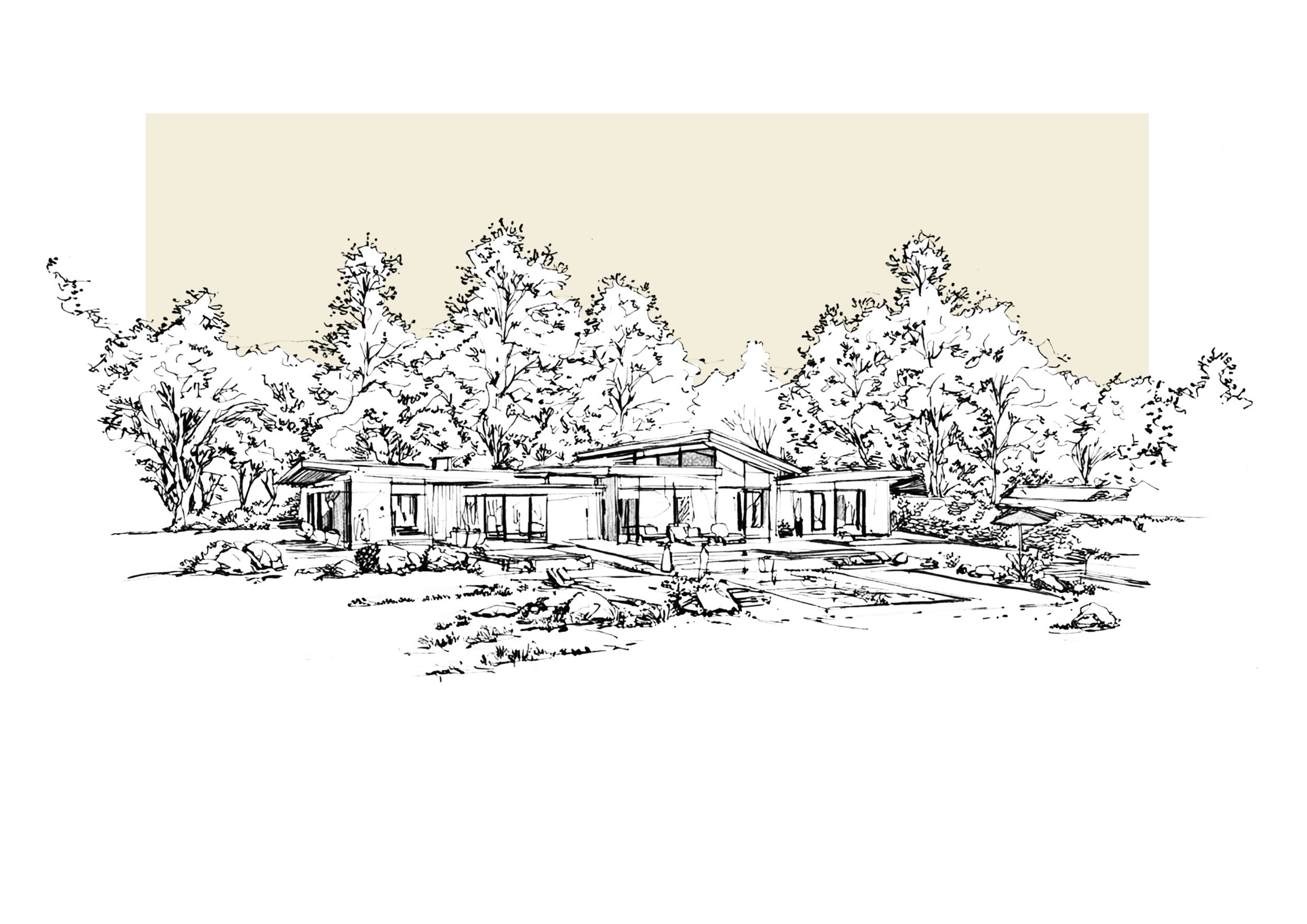 A line drawing of a modern house surrounded by trees and rocks, with a driveway leading up to it.