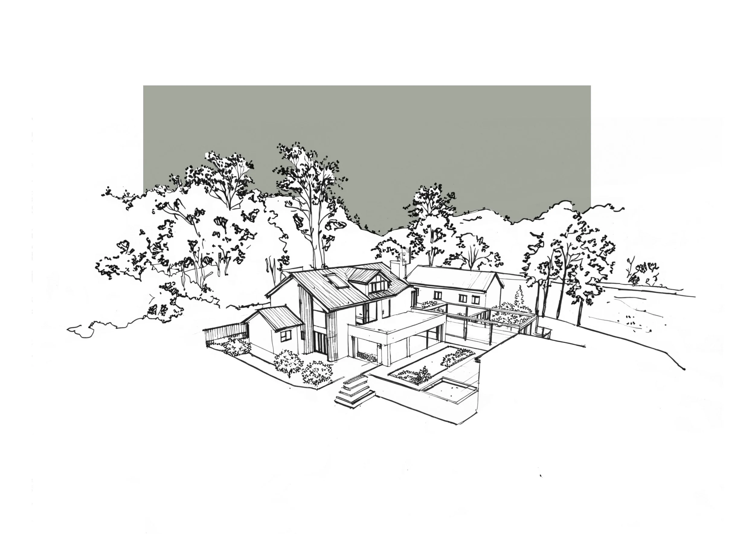 Black and white line drawing of a modern house with outdoor patios, surrounded by trees and natural landscape, with a shaded background area.