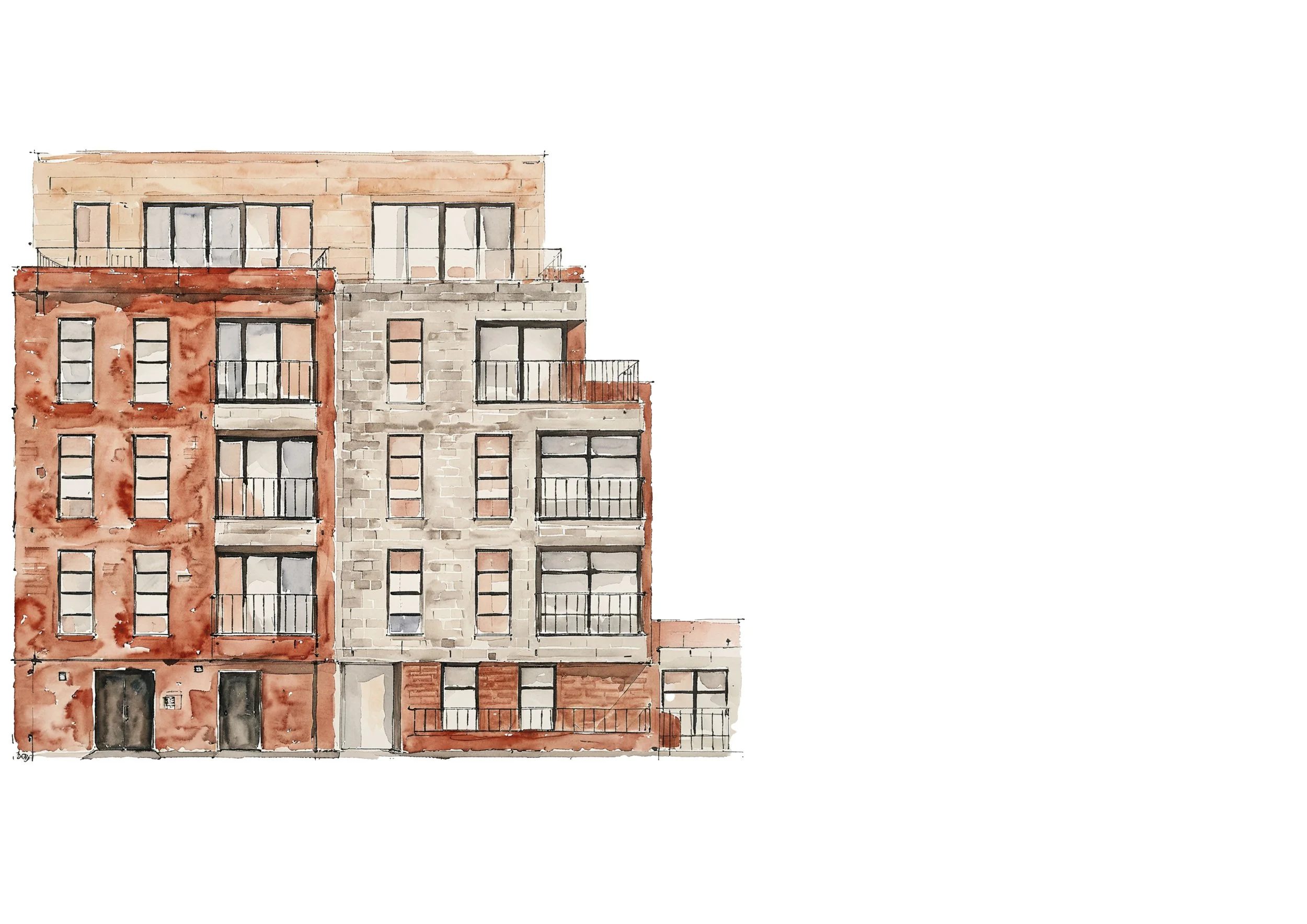 Watercolor painting of a multi-story residential building with red brick and gray stone facade, balconies, and large windows.