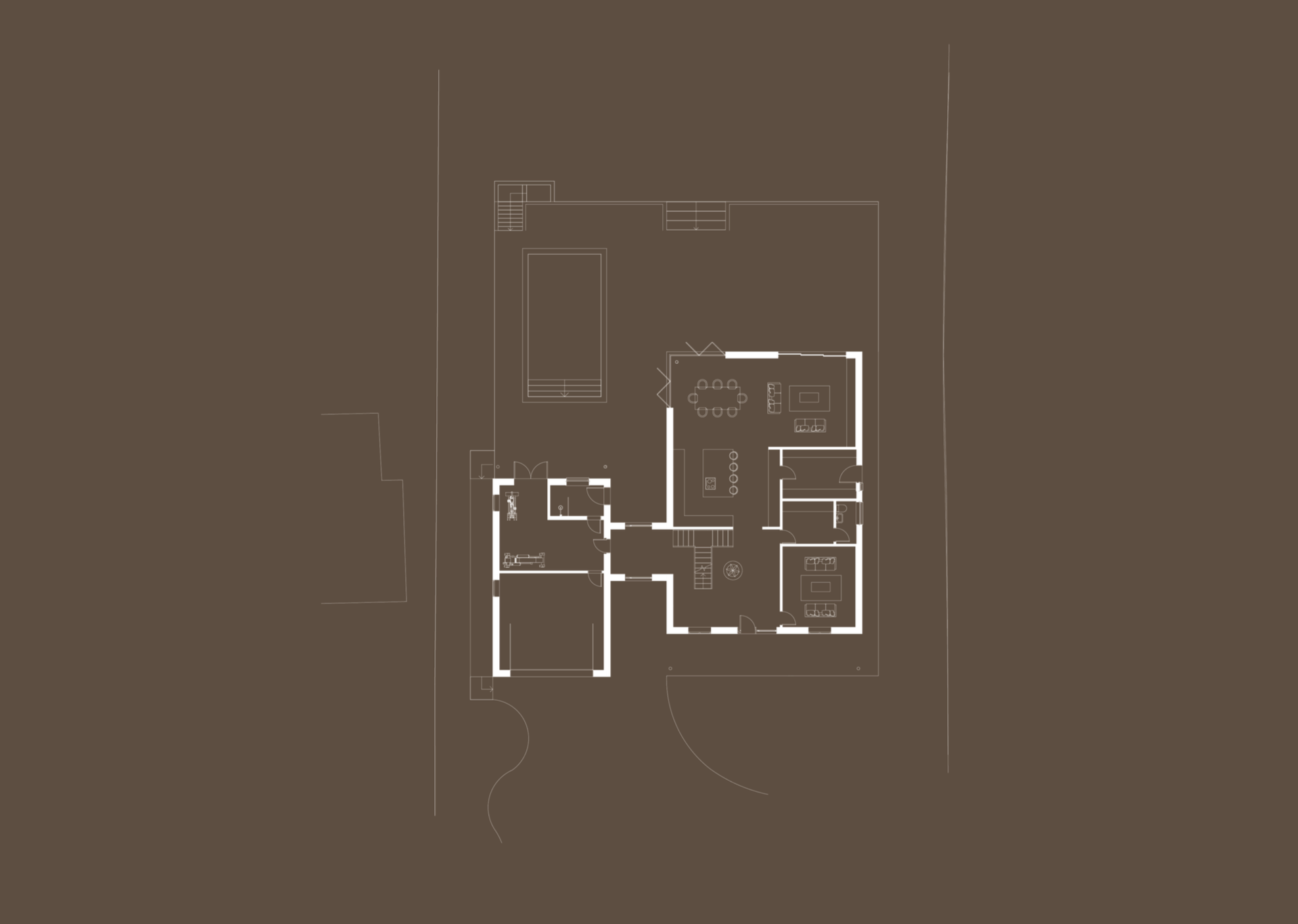 Floor plan of a house showing rooms, staircase, and outdoor pool area.