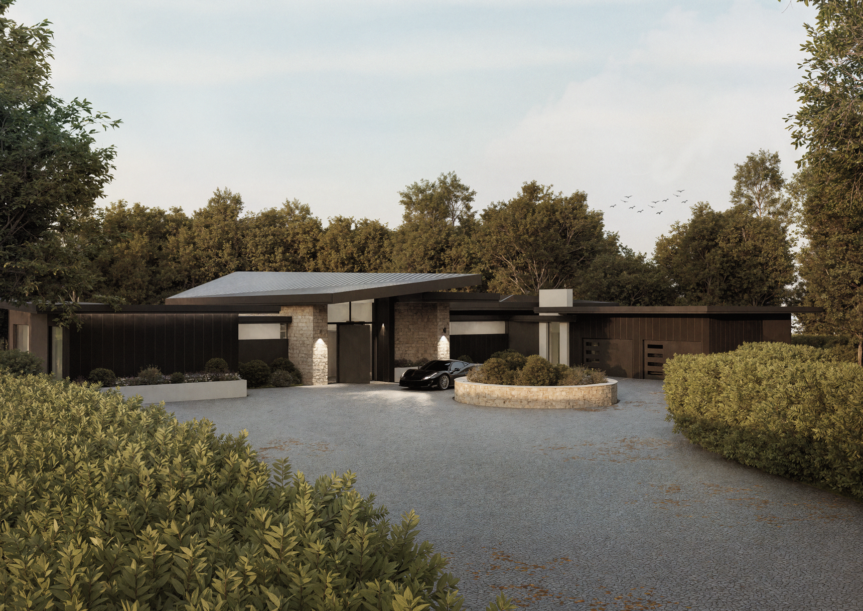 Front view of a modern house with a black exterior, stone accents, and a curved driveway with a black sports car parked near the entrance, surrounded by greenery and trees.