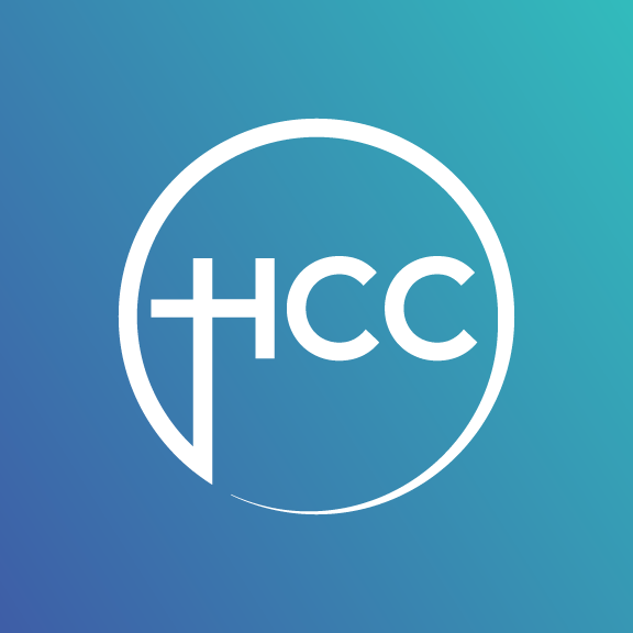 Logo with a circle, a cross, and the letters HCC inside the circle on a gradient blue background.