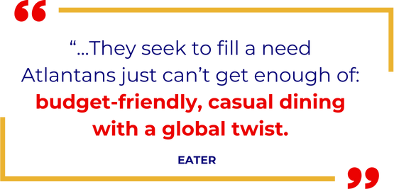 Quotation statement about Atlantans' need for budget-friendly, casual dining with a global twist, attributed to an eater, with design elements including red quotation marks and a red dot in the bottom right corner.