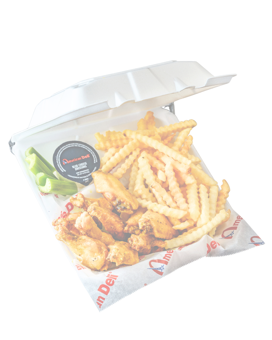 Fried chicken wings, crinkle-cut French fries, celery sticks, and a container of blue cheese dressing inside a takeout box with American Deli branding.
