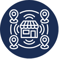 Icon of a central building connected to four location markers, representing a network or connected community.