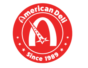 Logo of American Deli, a red circular emblem with the text 'American Deli Since 1989' surrounding a central 'A' and a stylized fork and knife crossing over the letter.