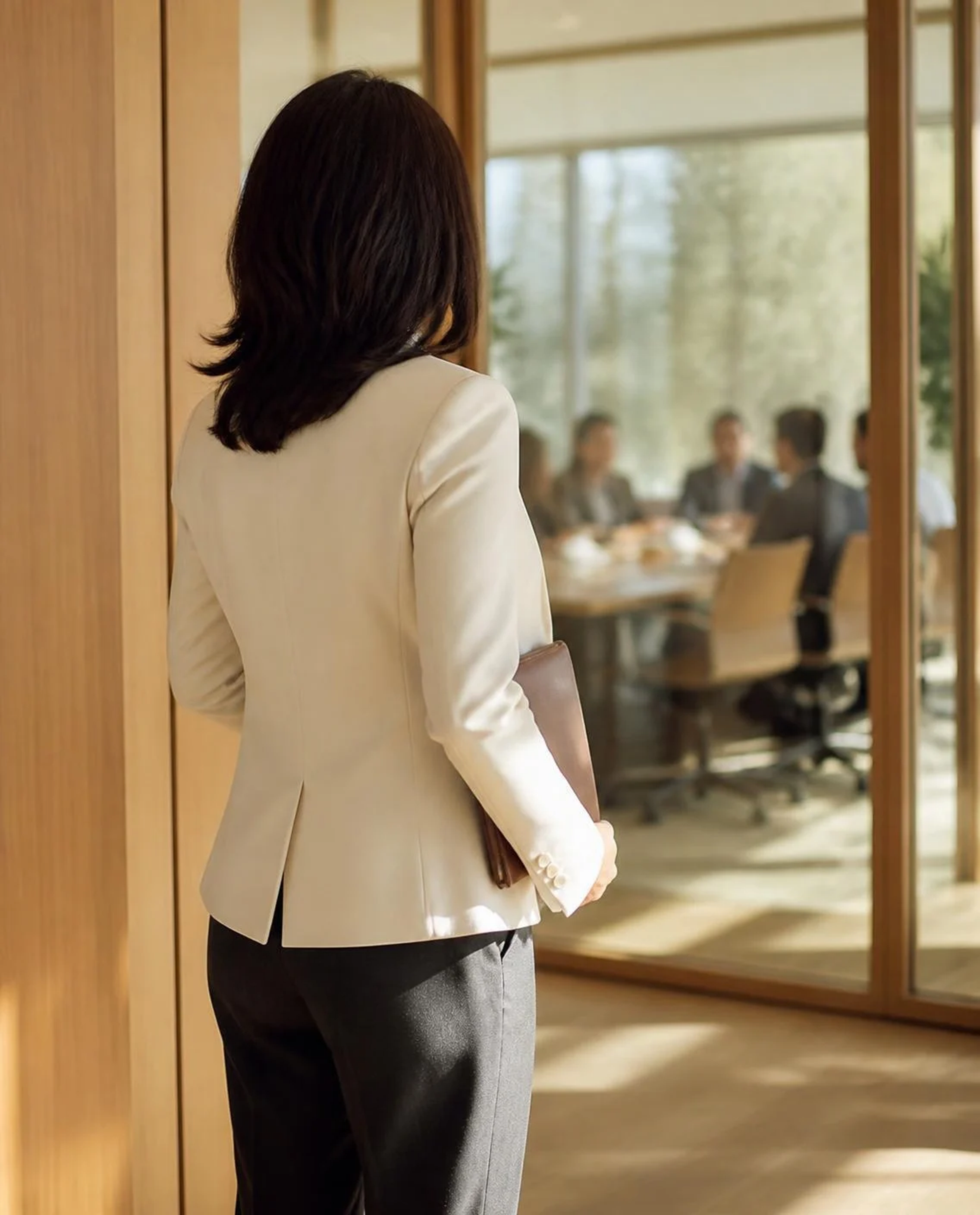Woman with dark hair in a cream-colored blazer and dark pants looking into a conference room with people sitting at a table through a glass door.