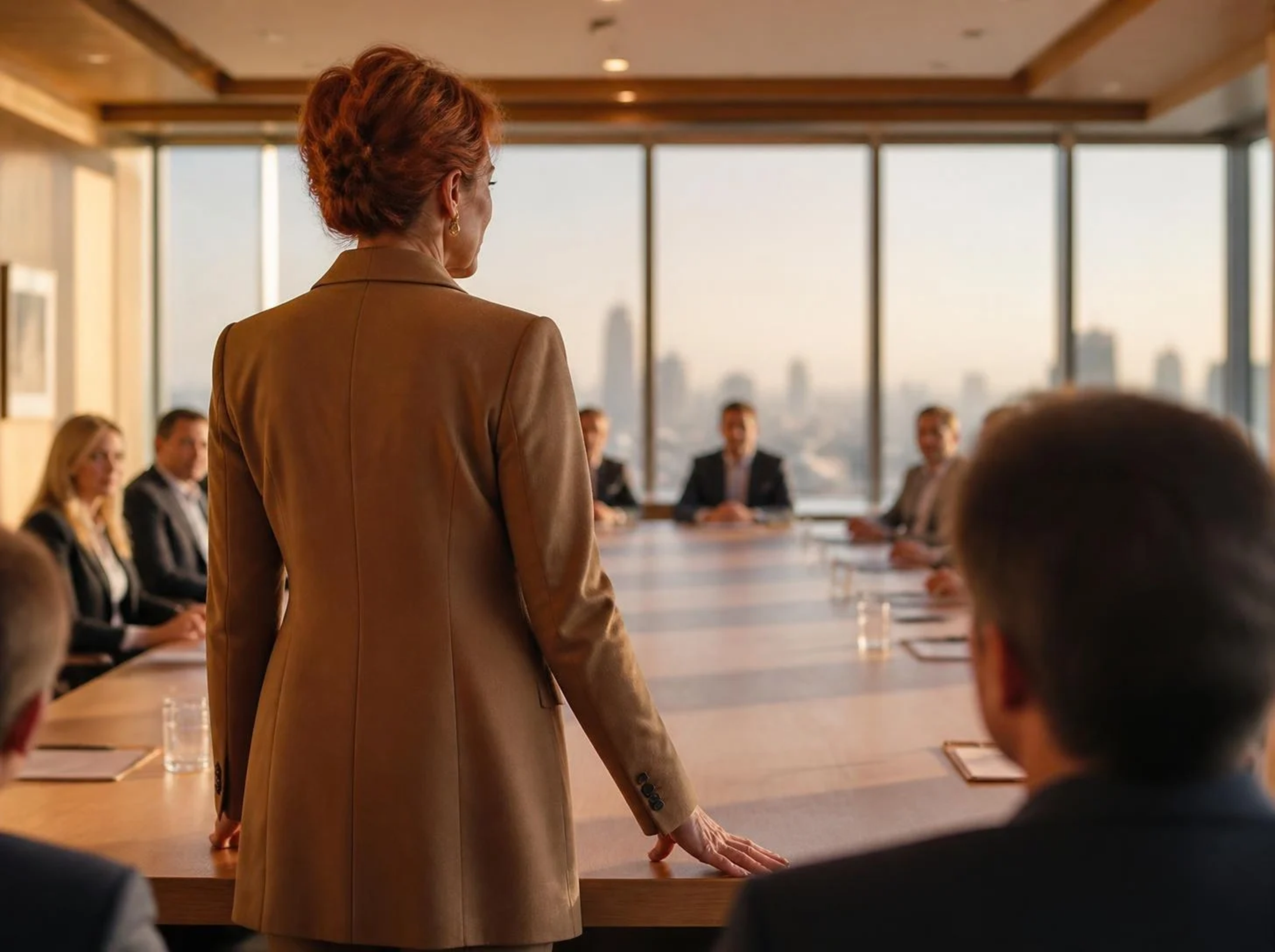 A woman with short red hair wearing a tan blazer stands in front of a conference room table, addressing a group of seated colleagues. The room has large windows with a city view and natural daylight.