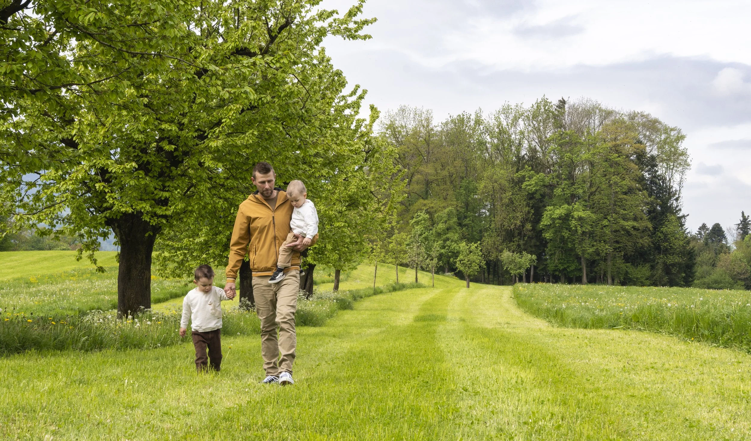 Mann hält ein Kind im Arm und eines an der Hand. Sie laufen zusammen eine saftig grüne Wiese entlang. Im Hintergrund eine schöne Naturkulisse mit vielen Bäumen.