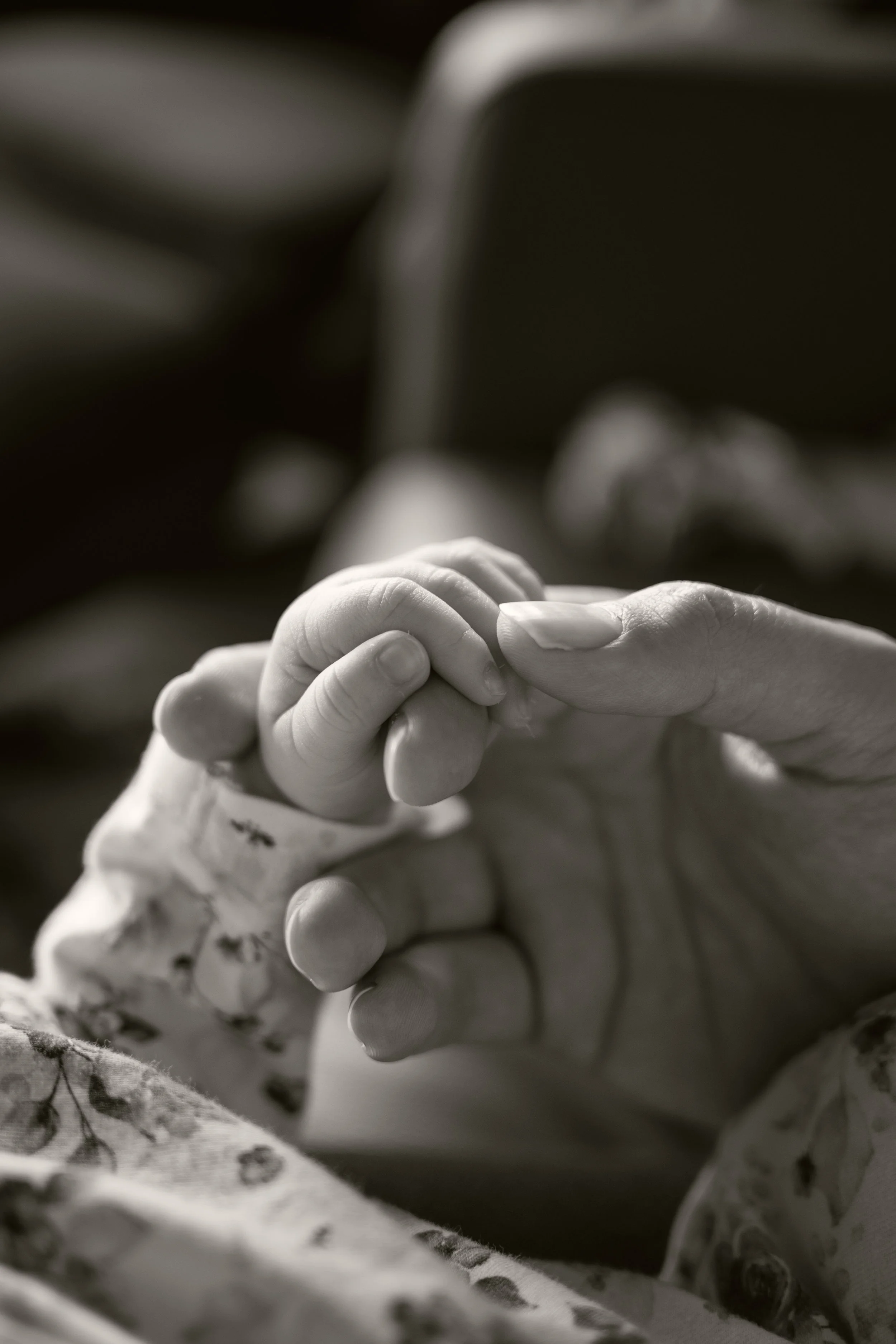 Schwarz-weiß-Aufnahme einer kleinen Babyhand, welche den Finger der Mutter hält.