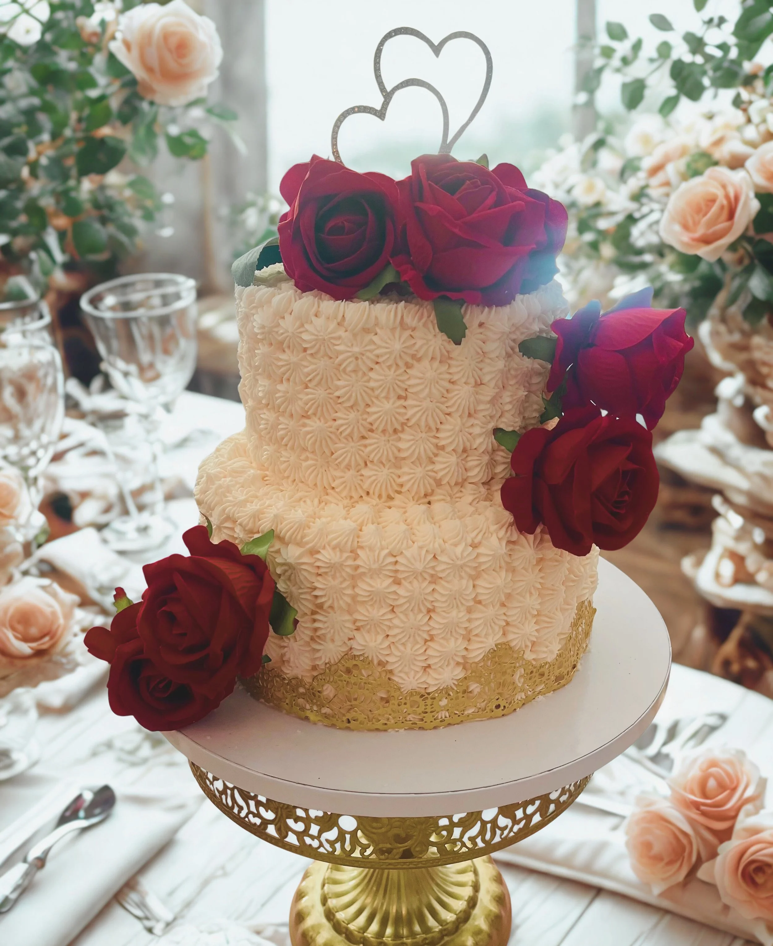 A two-tiered white wedding cake decorated with red roses and green leaves, with a heart-shaped cake topper. The cake is on a gold ornate cake stand, with a wedding table set in the background.