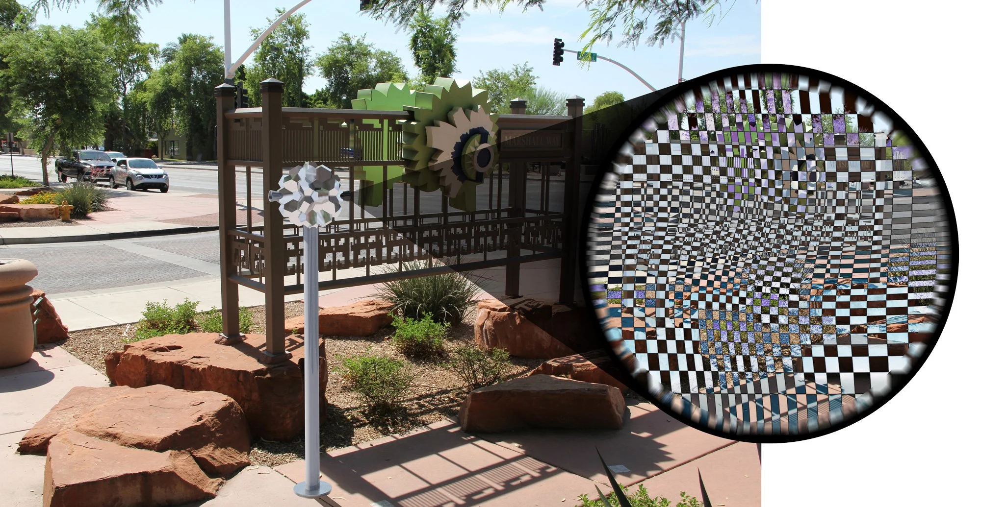 Using special dichroic color filters, overlaid with optical distortion patterns, here the live image can be completely changed. In this case reversing some colors and accentuating others. Even by slightly moving your eye in front of the eyepiece, the