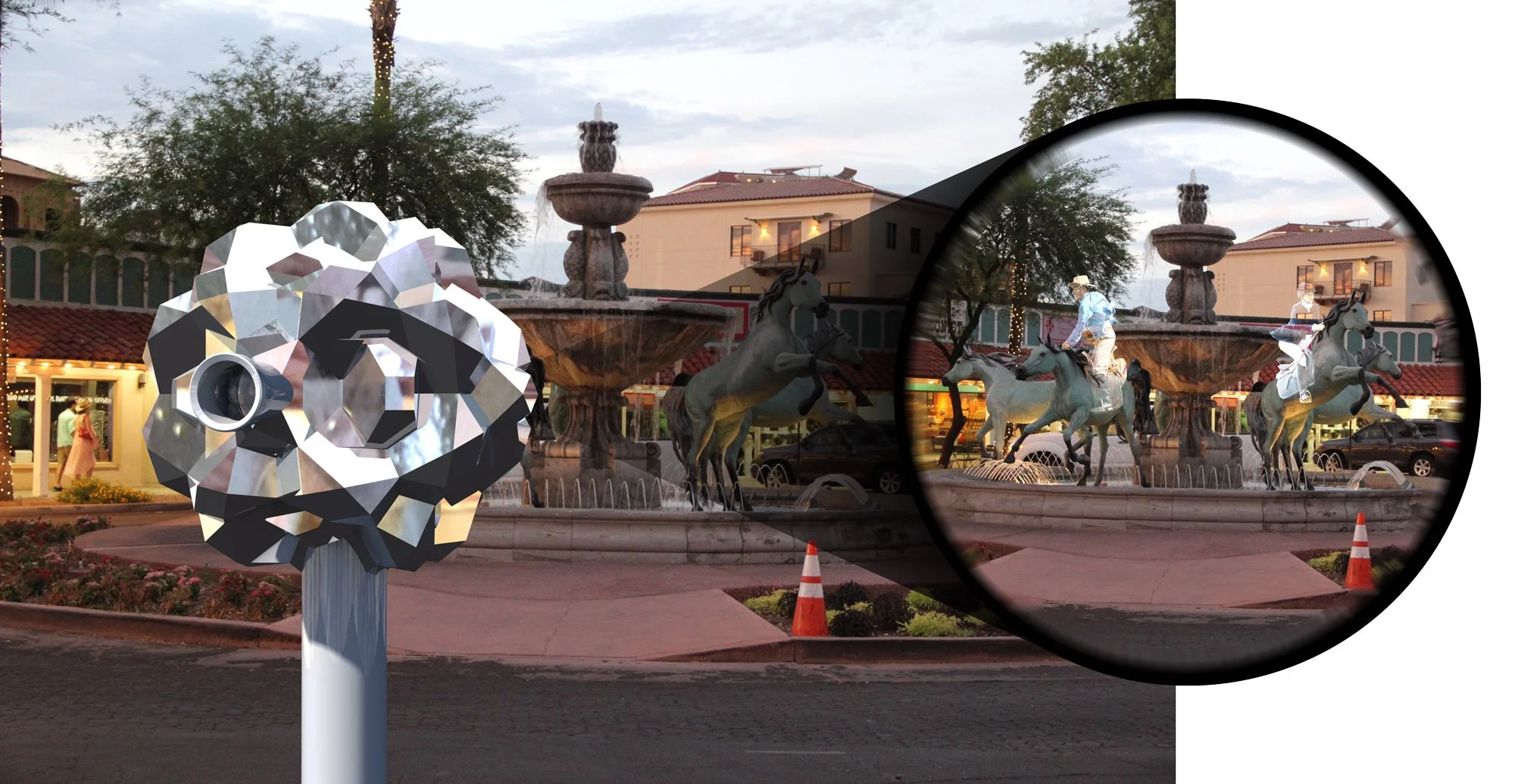 The view of the fountain as seen through this sculpture. Using a half mirror, two real people nearby are composited as if riding on horses in the fountain. These ghostly apparitions are combined in the lens system with the view directly visible beyon