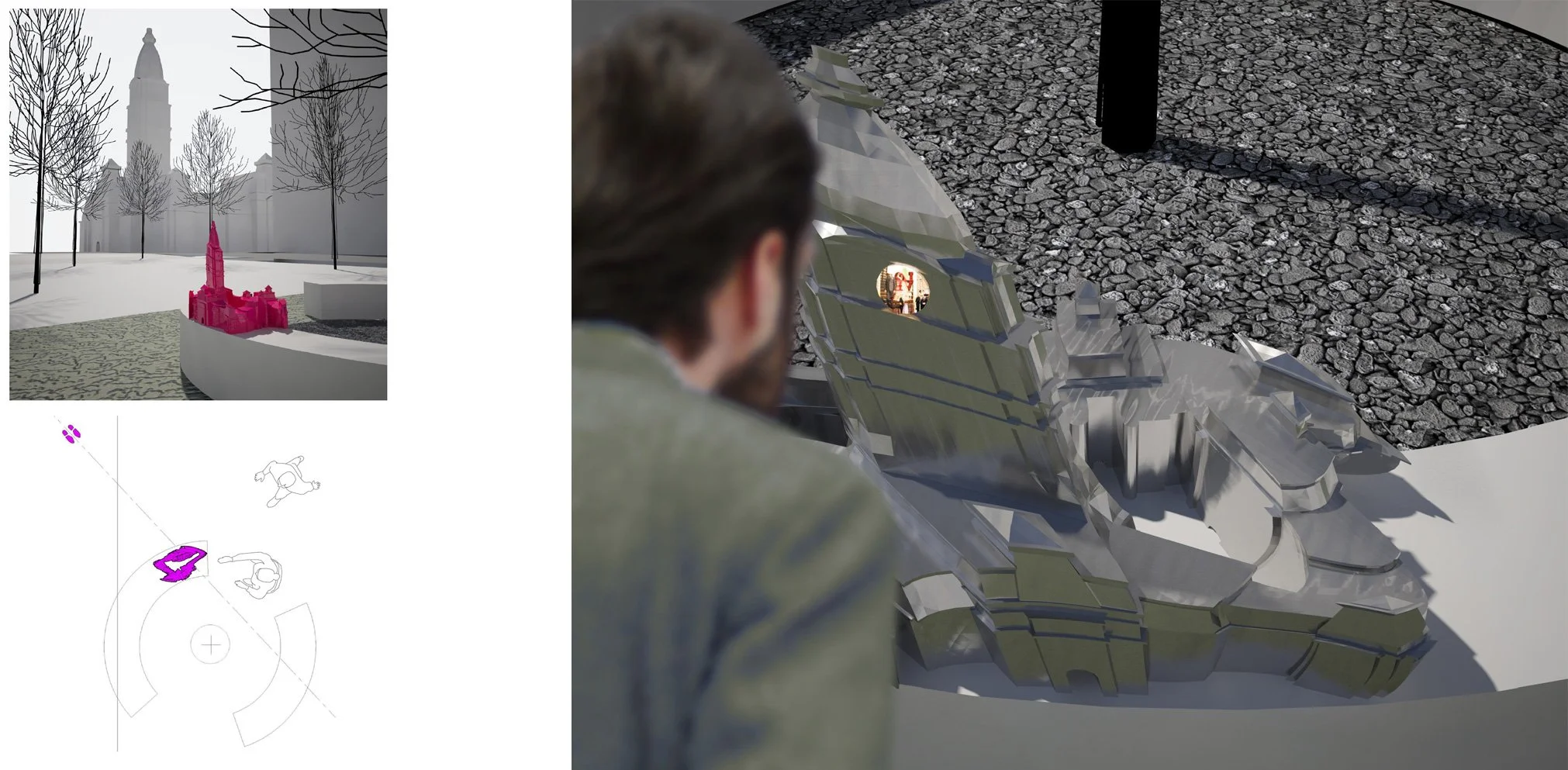 Looking the other way along Benjamin Franklin Parkway you can see the iconic City Hall. Looking inside the distorted sculpture there are images of the daily activity inside the building.