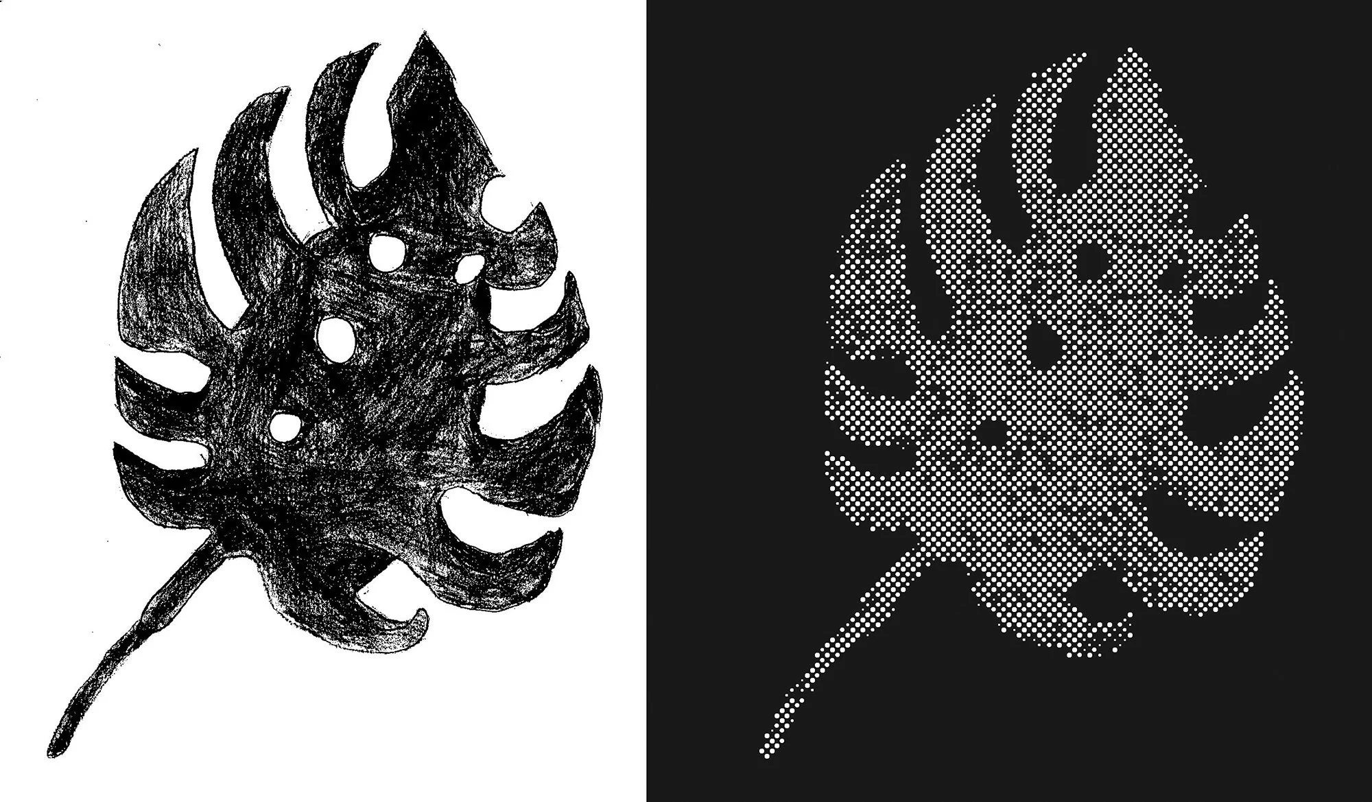 Student drawings on the left, dot pattern cut out of panels on the right.