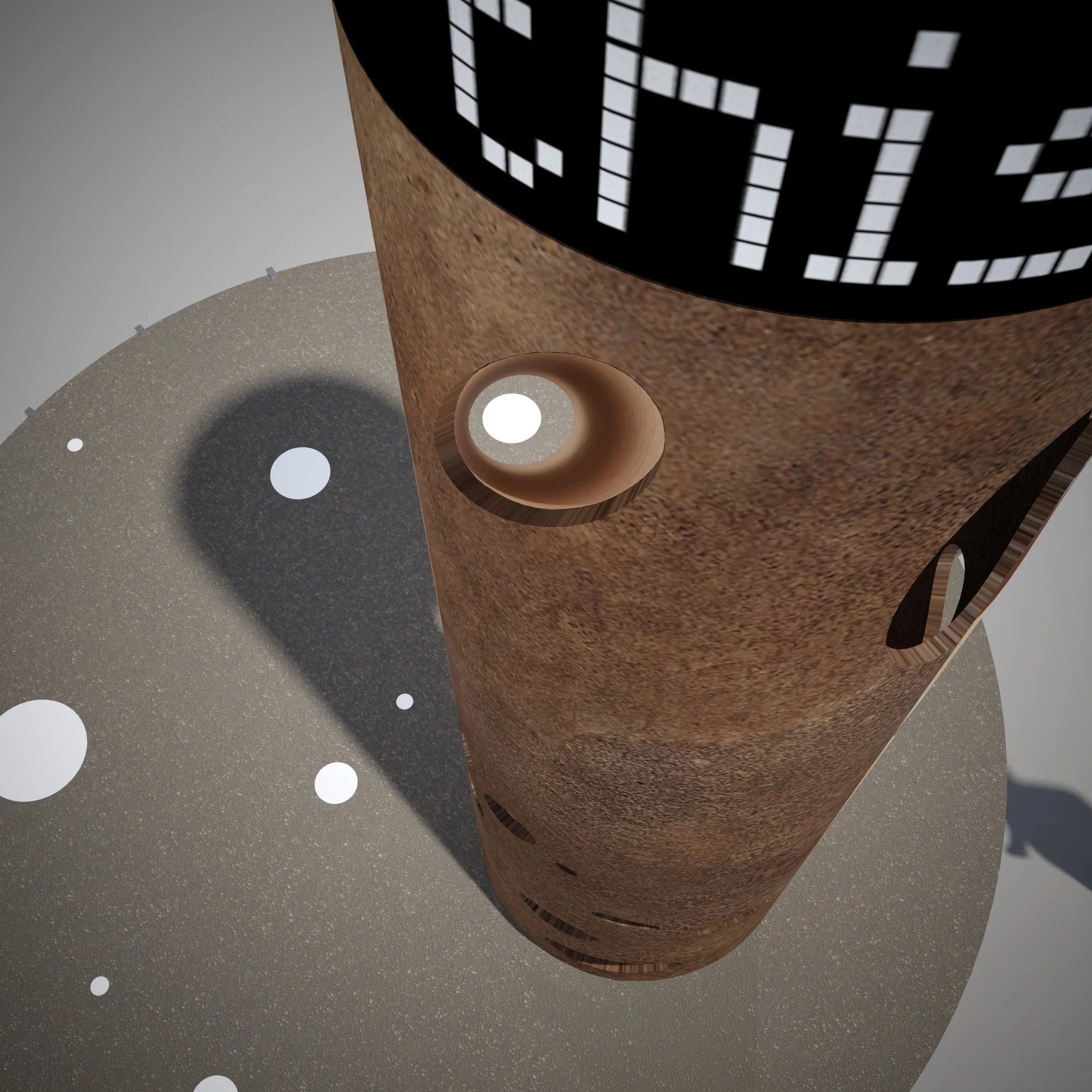 Storytime has a long cylindrical stem with apertures cut through at skew angles. Each of these are keyed to hours of the day at specific times of the year. Sunlight falls through these and light up round glass disks embedded in the bench.